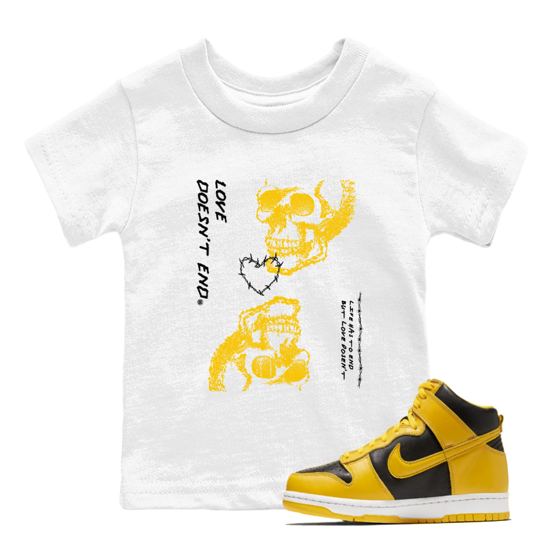 Dunk High Wu Tang shirts to match jordans Love Doesn't End sneaker match tees Dunk High Wu Tang match shoes to clothes Drip Gear Zone Youth Baby White 1 tee