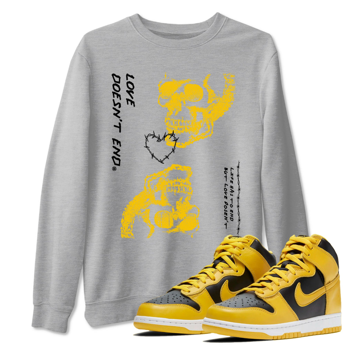 Dunk High Wu Tang shirts to match jordans Love Doesn't End sneaker match tees Dunk High Wu Tang match shoes to clothes Drip Gear Zone unisex cotton Heather Grey 1 shirts
