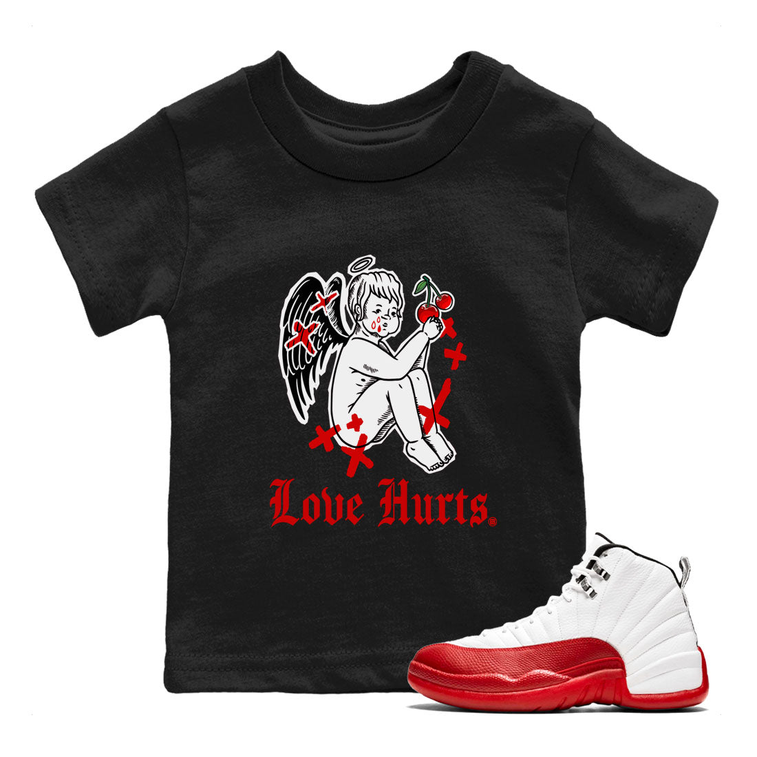 Jordan 12 Cherry shirt to match jordans Love Hurts sneaker release tees Air Jordan 12 Cherry Drip Gear Zone Baby Toddler Black 1 T-Shirt