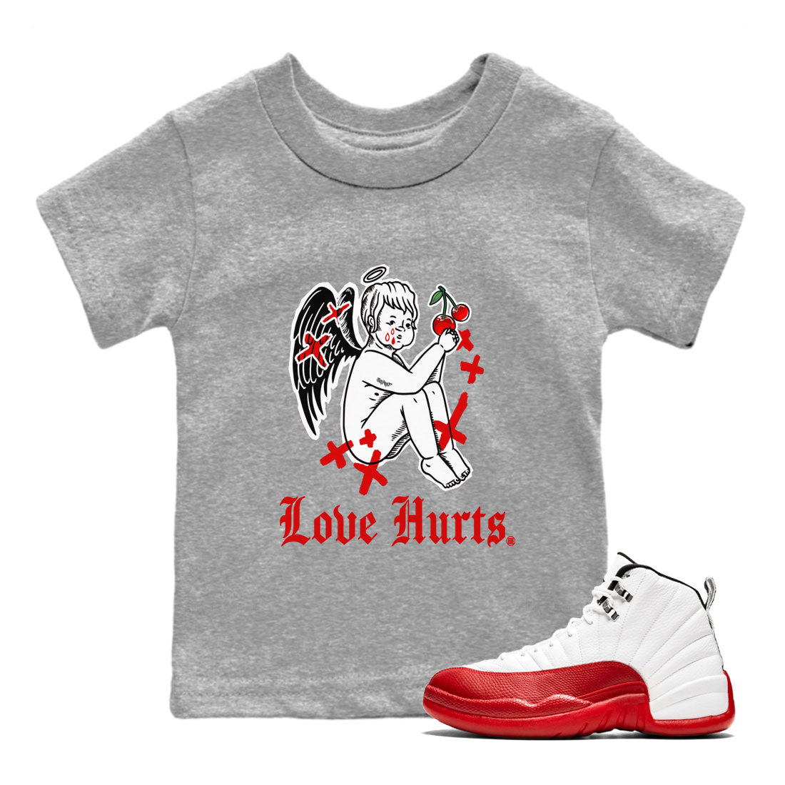 Jordan 12 Cherry shirt to match jordans Love Hurts sneaker release tees Air Jordan 12 Cherry Drip Gear Zone Baby Toddler Heather Grey 1 T-Shirt