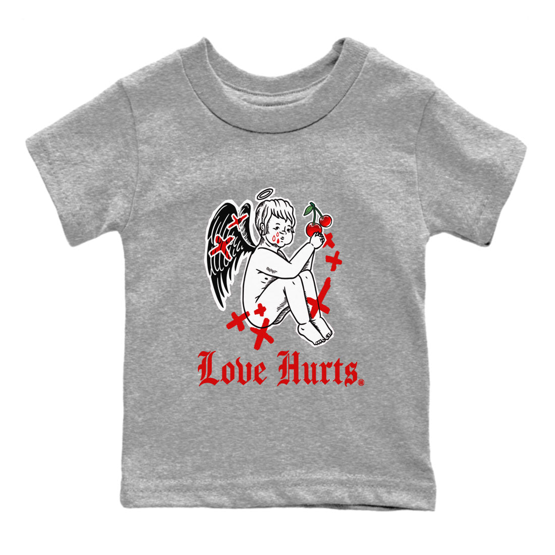 Jordan 12 Cherry shirt to match jordans Love Hurts sneaker release tees Air Jordan 12 Cherry Drip Gear Zone Baby Toddler Heather Grey 2 T-Shirt