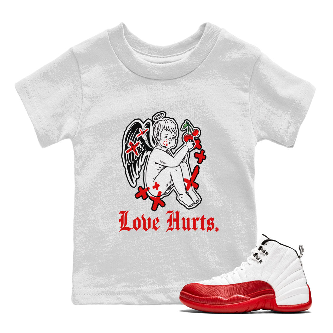 Jordan 12 Cherry shirt to match jordans Love Hurts sneaker release tees Air Jordan 12 Cherry Drip Gear Zone Baby Toddler White 1 T-Shirt