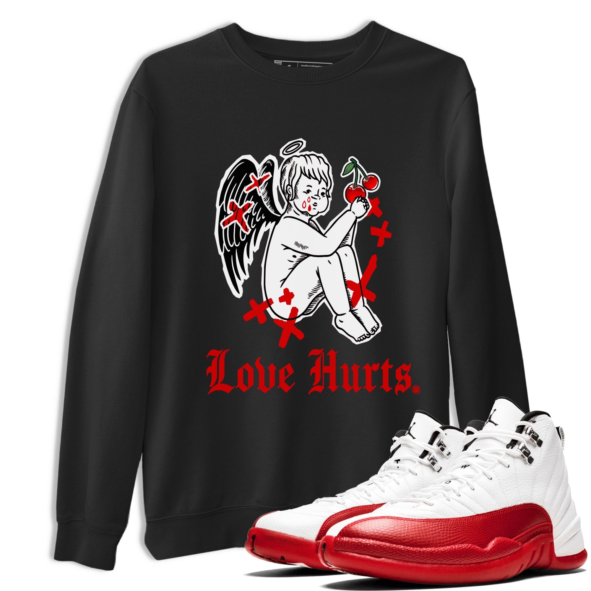 Jordan 12 Cherry shirt to match jordans Love Hurts sneaker release tees Air Jordan 12 Cherry Drip Gear Zone Unisex Streetwear Clothing Black 1 T-Shirt