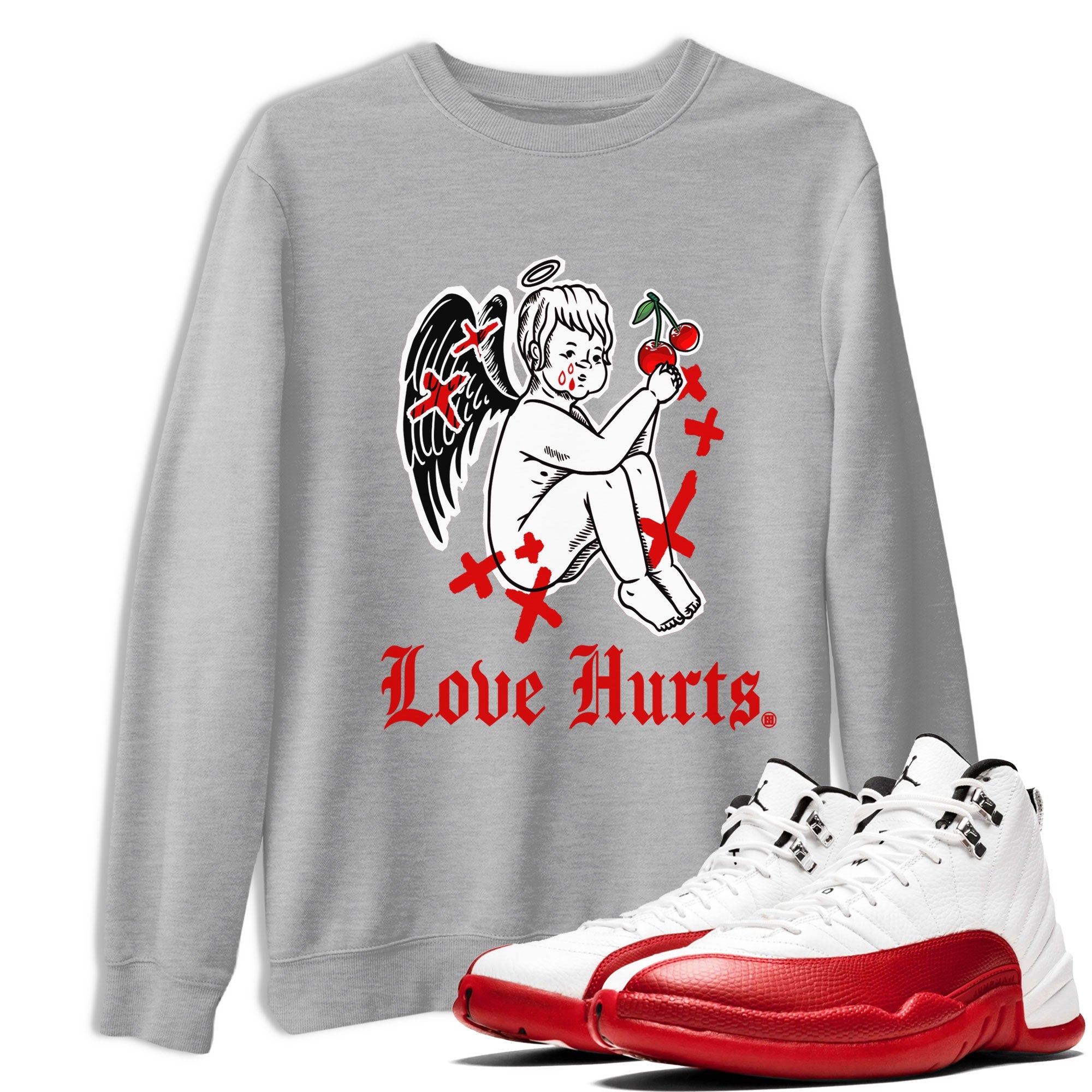 Jordan 12 Cherry shirt to match jordans Love Hurts sneaker release tees Air Jordan 12 Cherry Drip Gear Zone Unisex Streetwear Clothing Heather Grey 1 T-Shirt