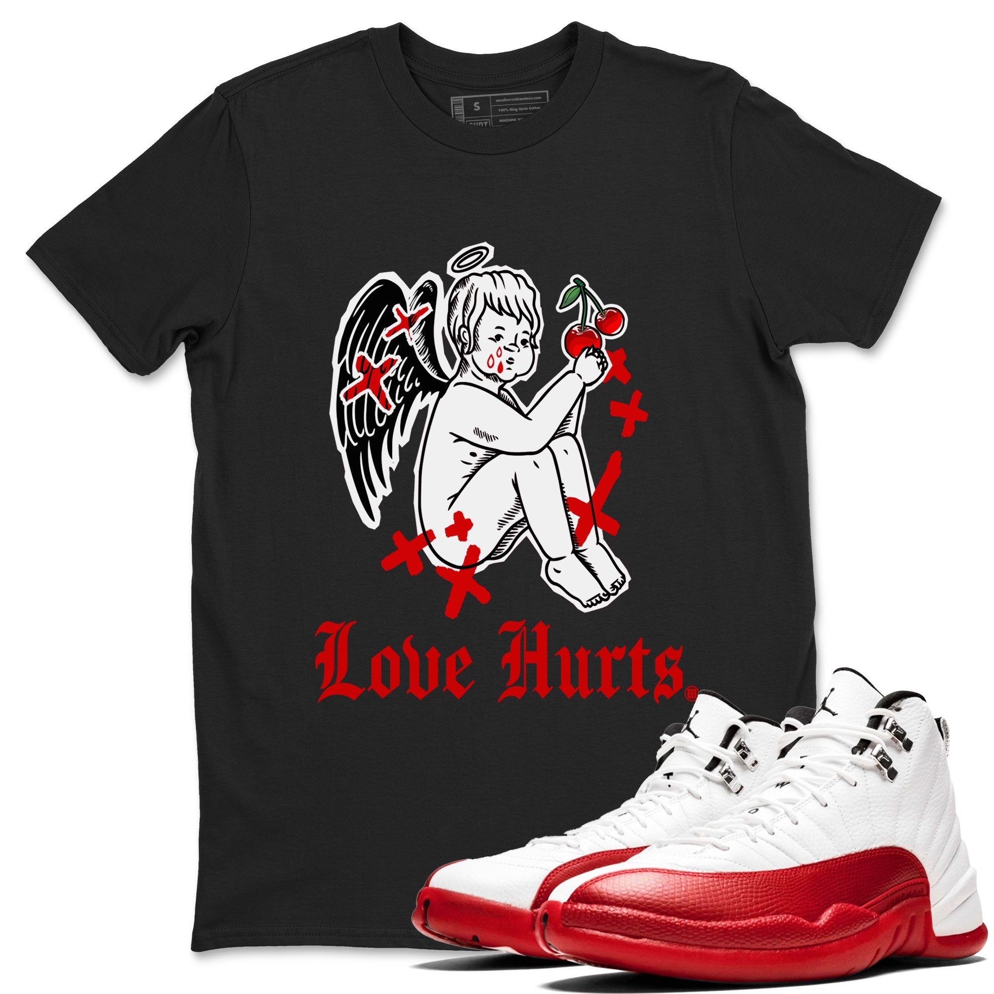 Jordan 12 Cherry shirt to match jordans Love Hurts sneaker release tees Air Jordan 12 Cherry Drip Gear Zone Unisex Streetwear Clothing Black 1 T-Shirt