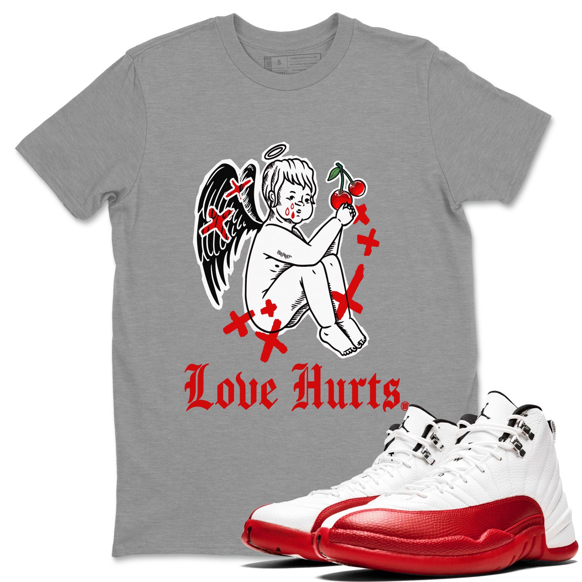 Jordan 12 Cherry shirt to match jordans Love Hurts sneaker release tees Air Jordan 12 Cherry Drip Gear Zone Unisex Streetwear Clothing Heather Grey 1 T-Shirt