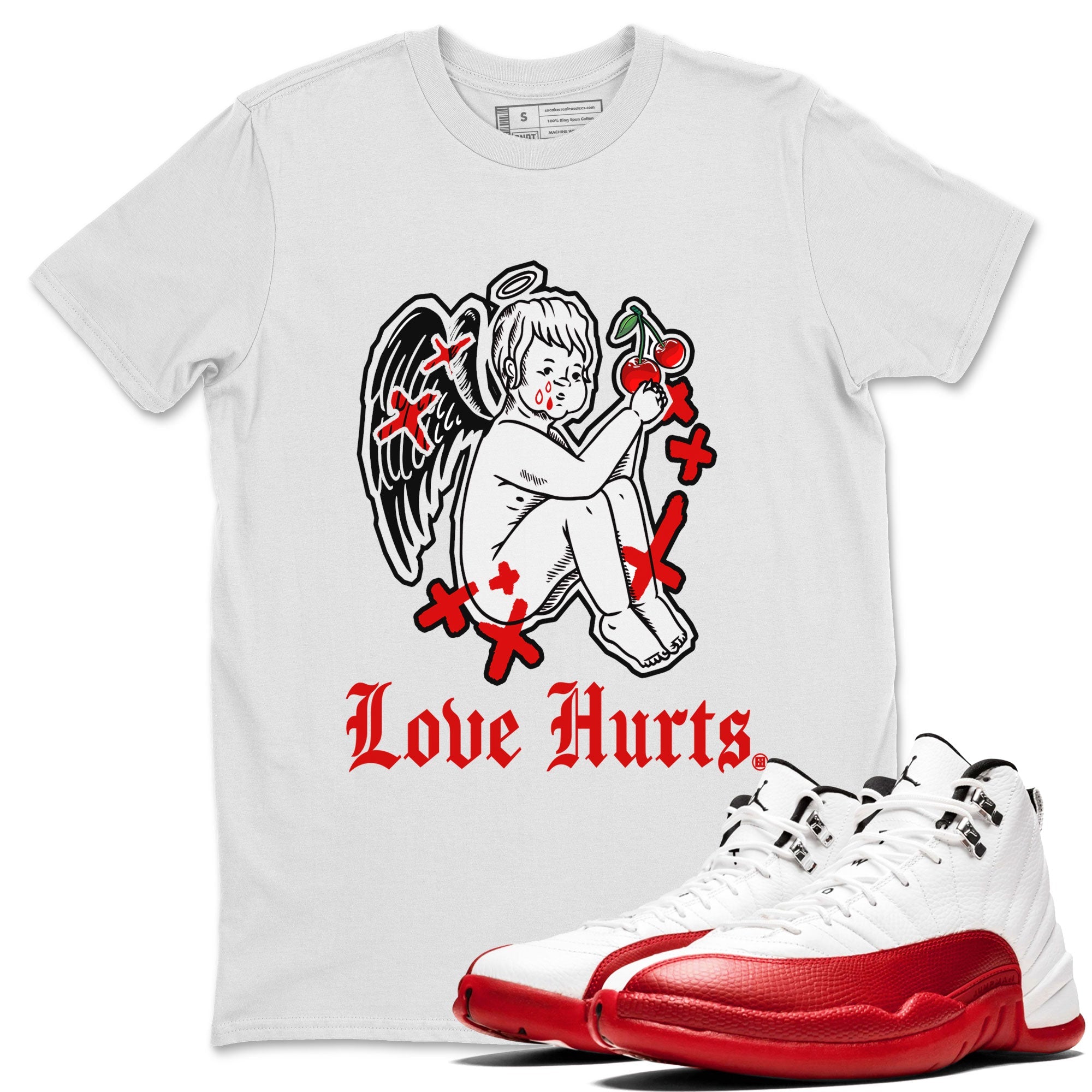 Jordan 12 Cherry shirt to match jordans Love Hurts sneaker release tees Air Jordan 12 Cherry Drip Gear Zone Unisex Streetwear Clothing White 1 T-Shirt