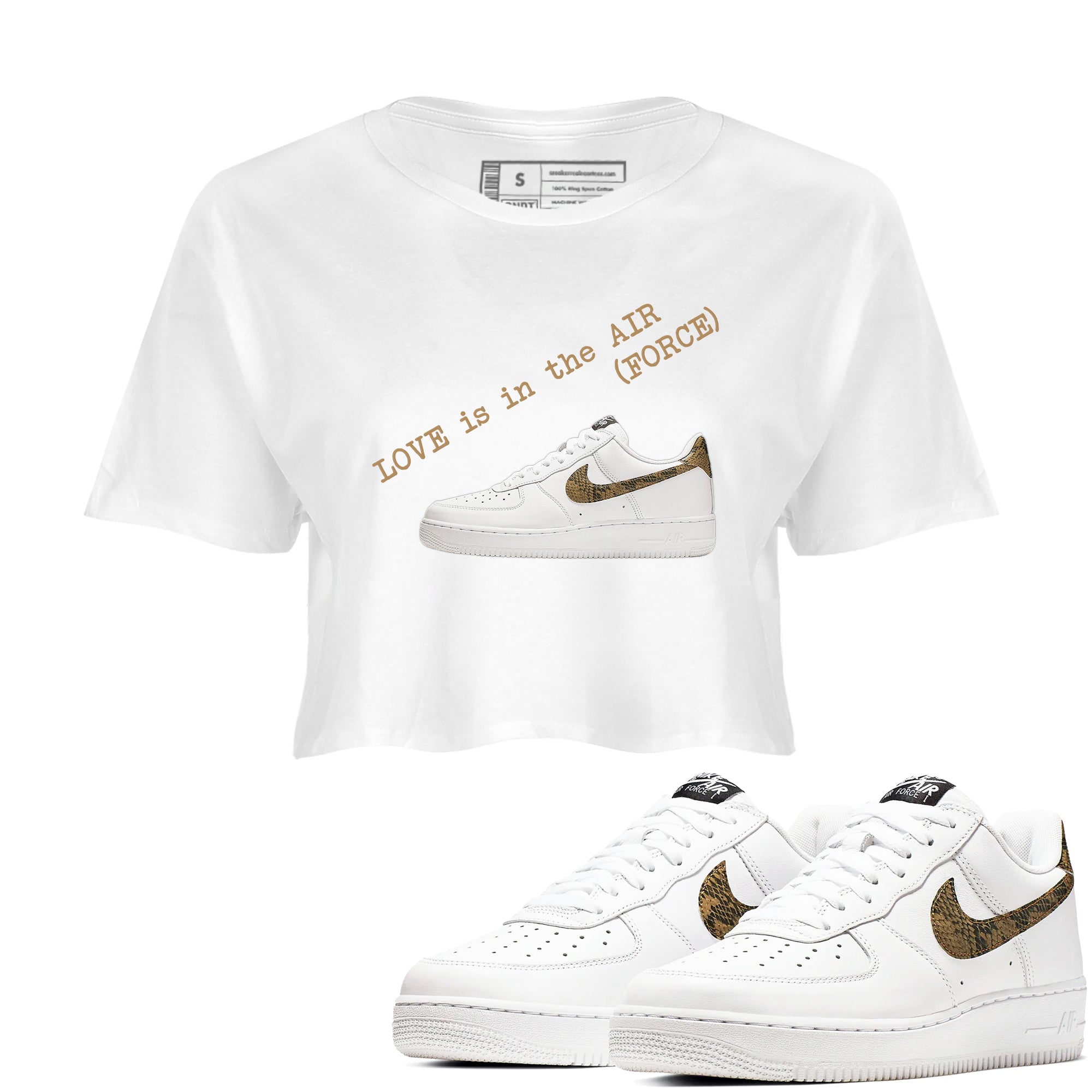 Air Force 1 Ivory Snake shirt to match jordans Love In The Air sneaker tees Air Force 1 Ivory Snake Drip Gear Zone White 1 crop length shirt