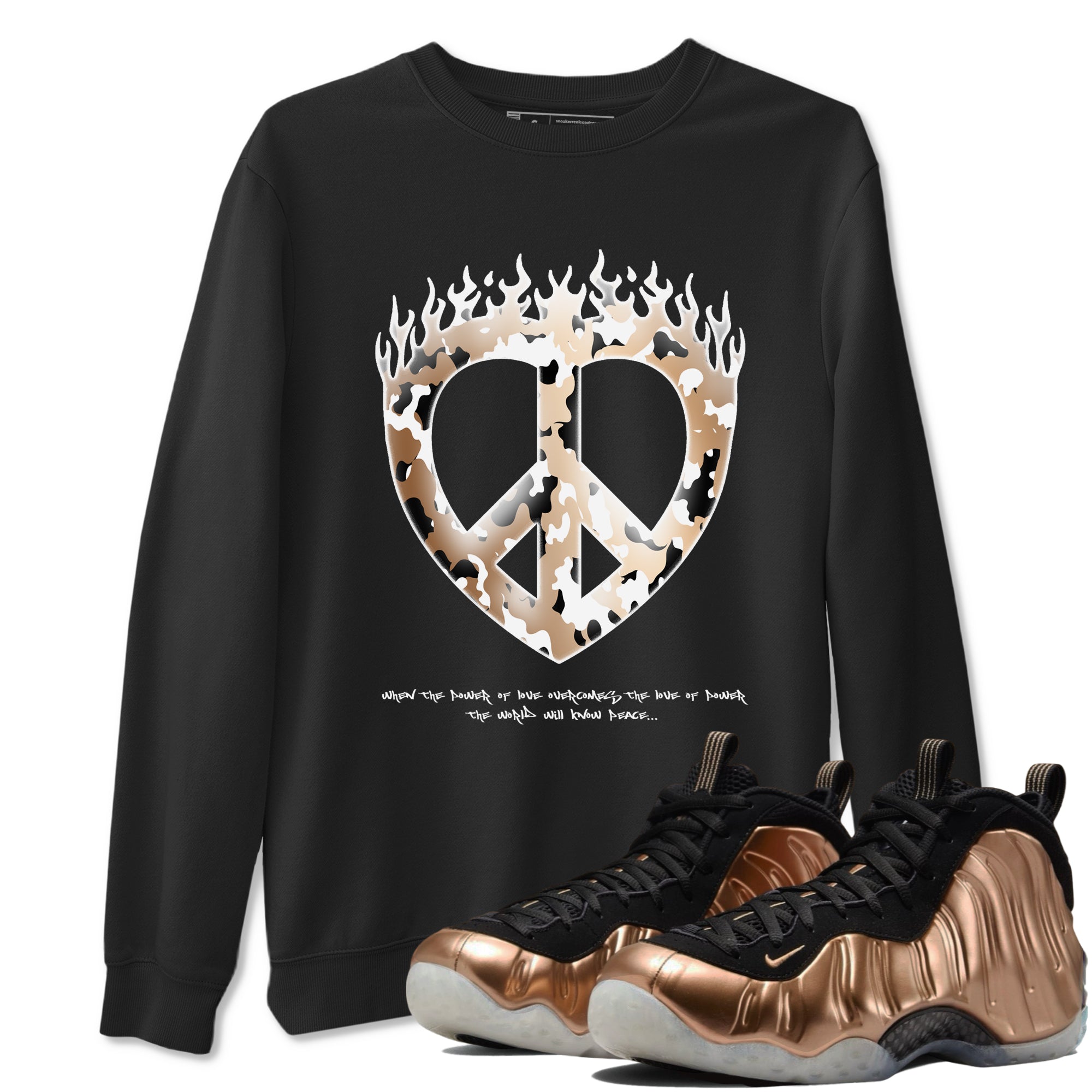 Foams One Metallic Copper shirts to match jordans Love Peace sneaker match tees Air Foamposite One Metallic Copper match shoes to clothes Drip Gear Zone unisex cotton Black 1 shirts
