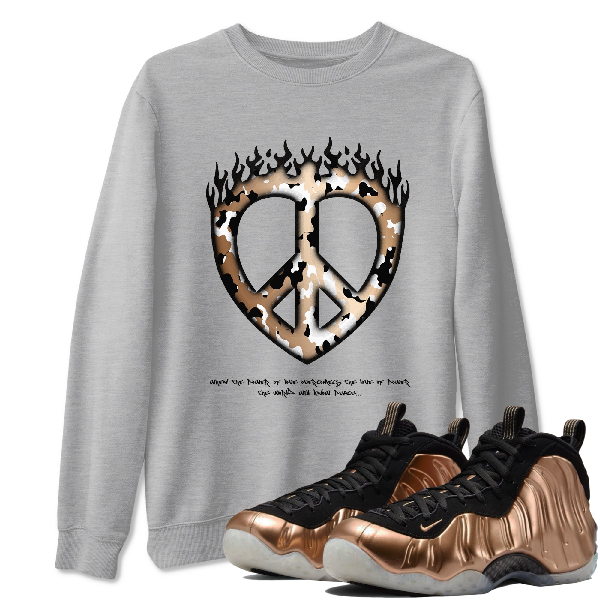 Foams One Metallic Copper shirts to match jordans Love Peace sneaker match tees Air Foamposite One Metallic Copper match shoes to clothes Drip Gear Zone unisex cotton Heather Grey 1 shirts