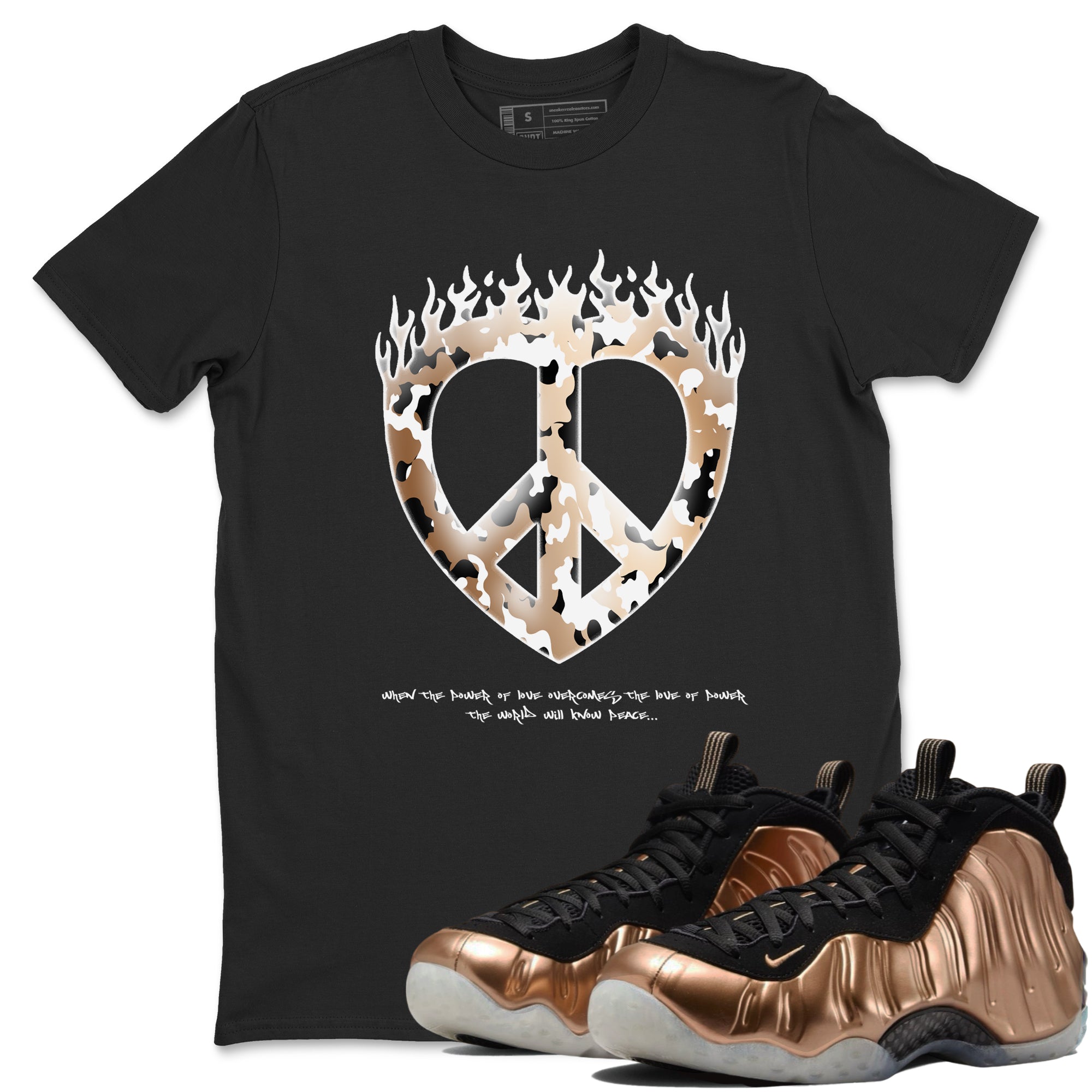 Foams One Metallic Copper shirts to match jordans Love Peace sneaker match tees Air Foamposite One Metallic Copper match shoes to clothes Drip Gear Zone unisex cotton Black 1 shirts