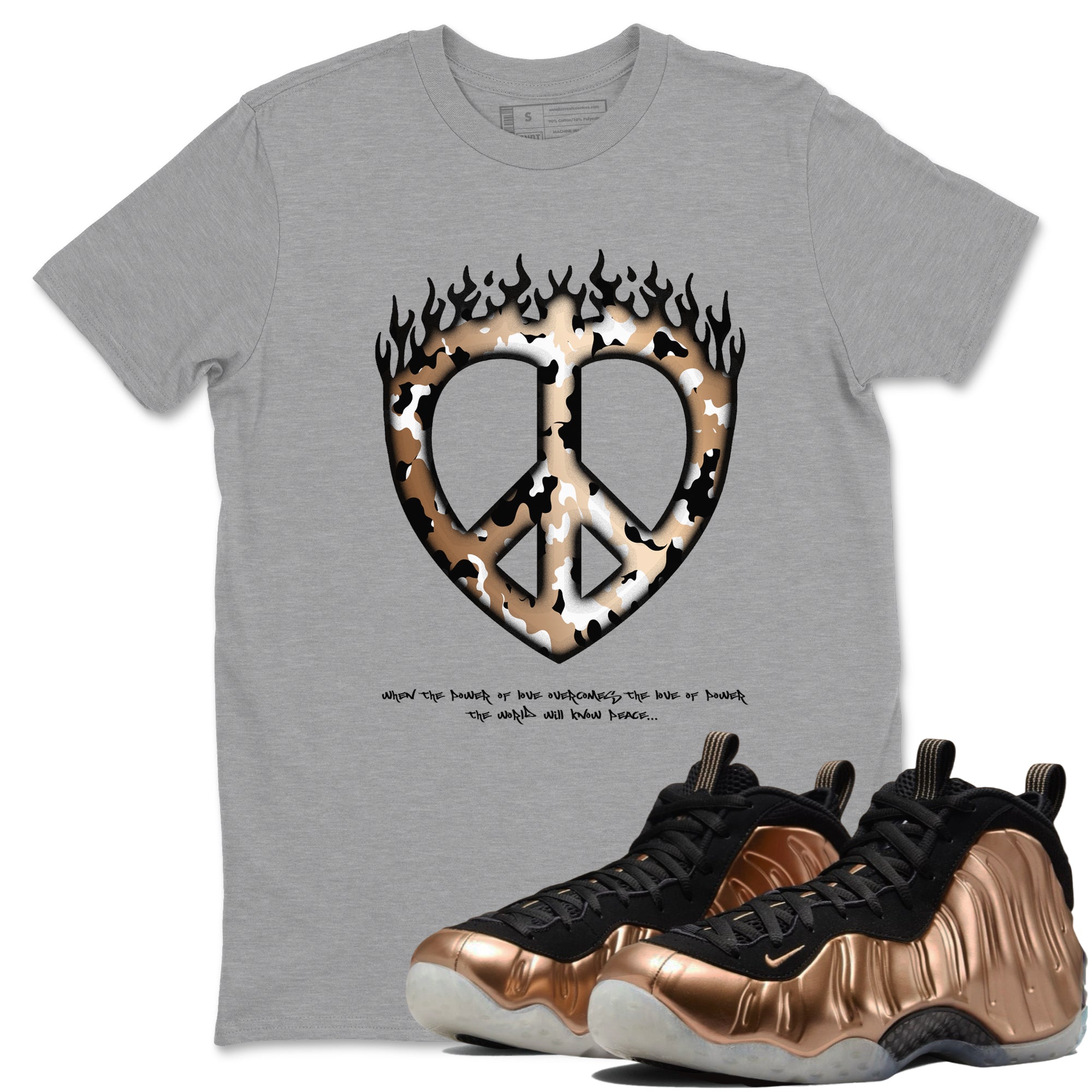 Foams One Metallic Copper shirts to match jordans Love Peace sneaker match tees Air Foamposite One Metallic Copper match shoes to clothes Drip Gear Zone unisex cotton Heather Grey 1 shirts