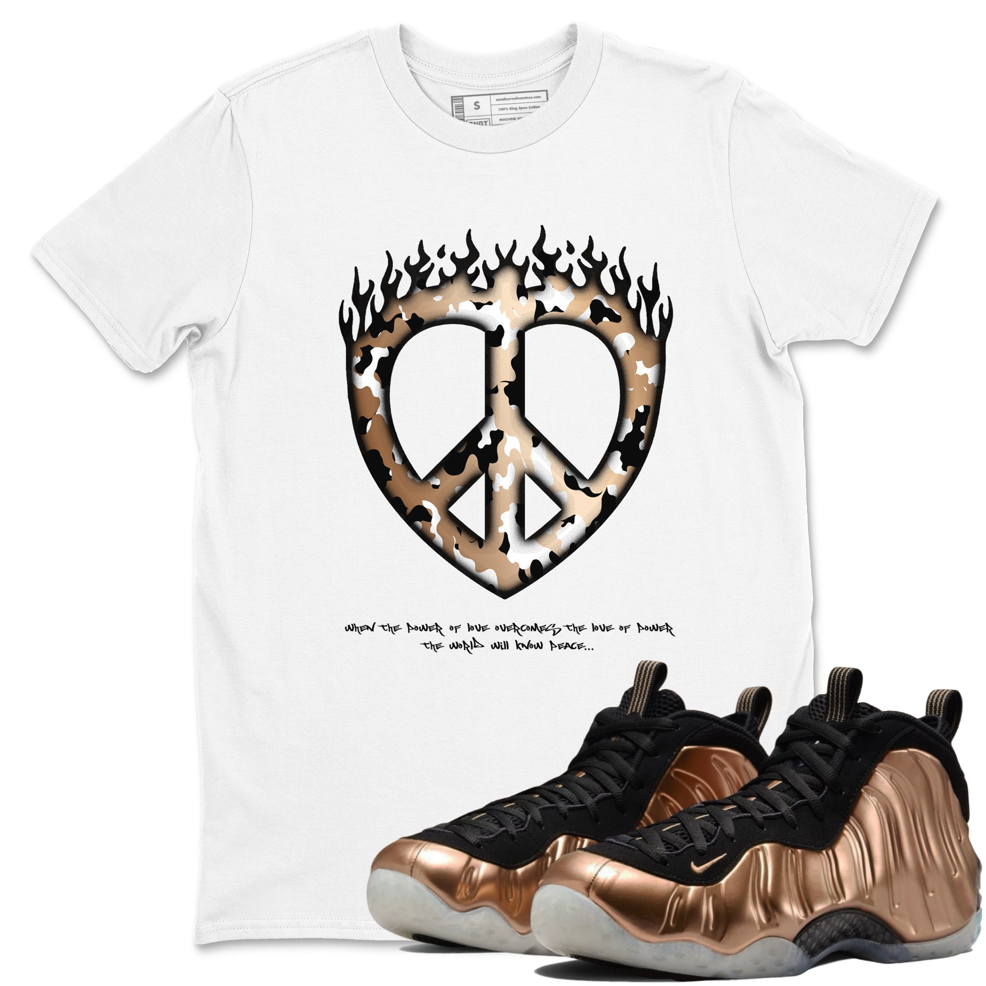 Foams One Metallic Copper shirts to match jordans Love Peace sneaker match tees Air Foamposite One Metallic Copper match shoes to clothes Drip Gear Zone unisex cotton White 1 shirts