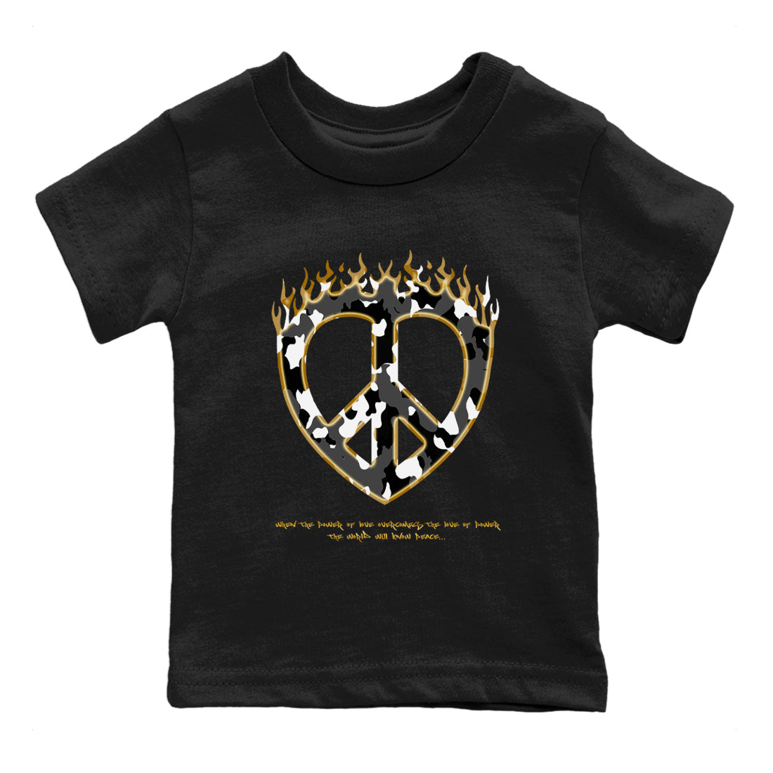 1s Black Metallic Gold shirts to match jordans Love Peace sneaker match tees Air Jordan 1 Black Metallic Gold Drip Gear Zone Youth Baby Black 2 crew neck shirts