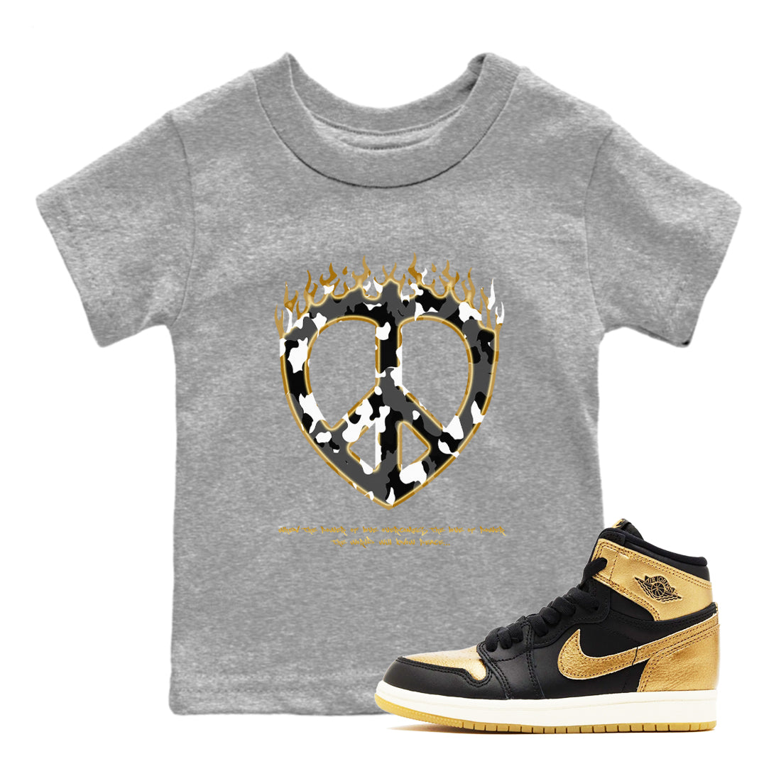 1s Black Metallic Gold shirts to match jordans Love Peace sneaker match tees Air Jordan 1 Black Metallic Gold Drip Gear Zone Youth Baby Heather Grey 1 crew neck shirts