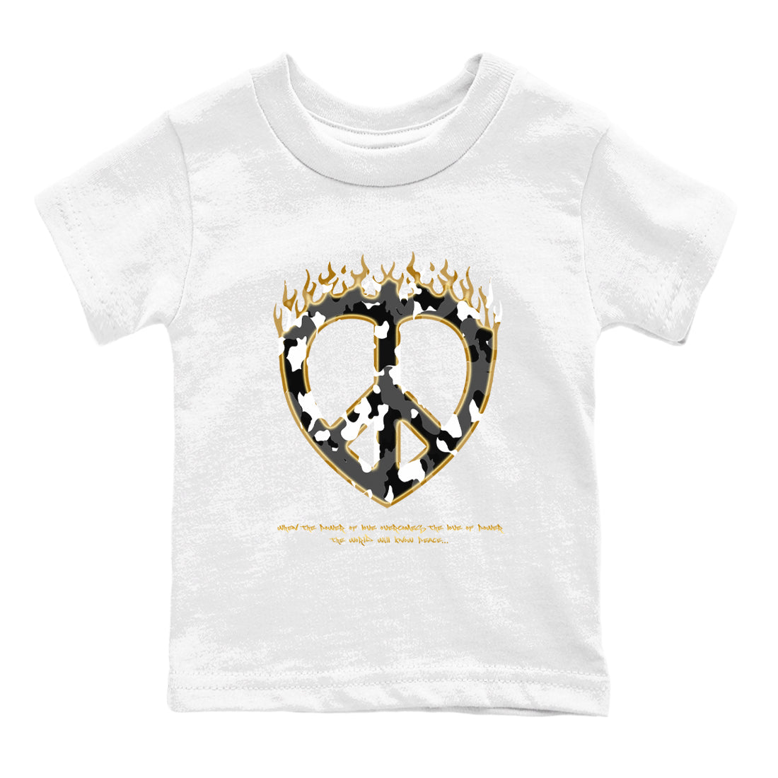 1s Black Metallic Gold shirts to match jordans Love Peace sneaker match tees Air Jordan 1 Black Metallic Gold Drip Gear Zone Youth Baby White 2 crew neck shirts