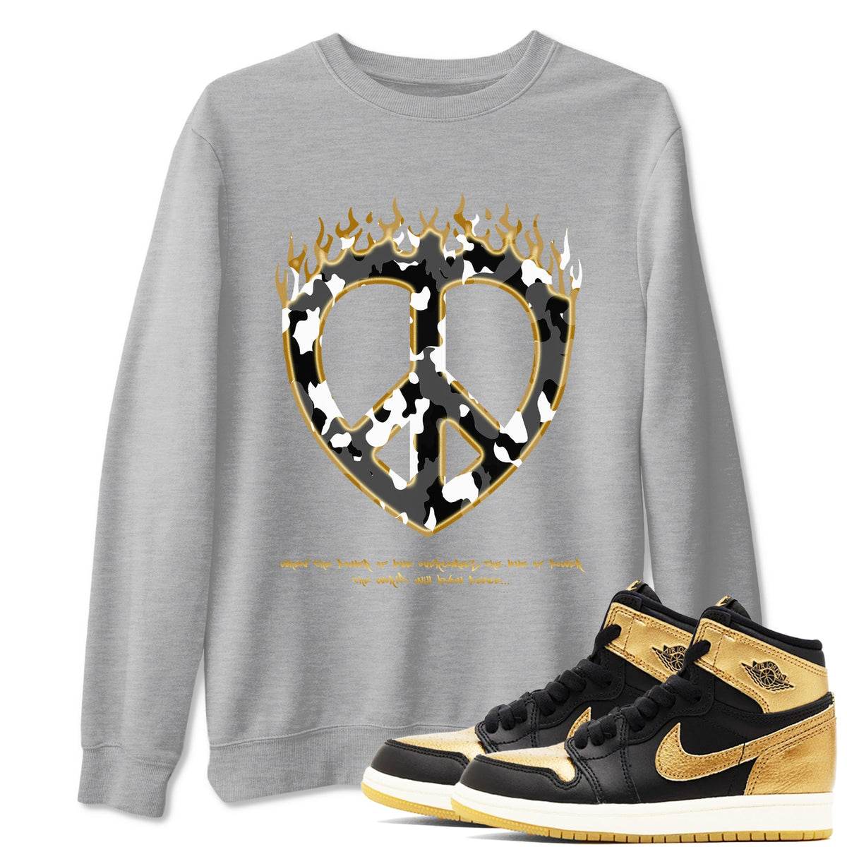 1s Black Metallic Gold shirts to match jordans Love Peace sneaker match tees Air Jordan 1 Black Metallic Gold Drip Gear Zone unisex cotton Heather Grey 1 crew neck shirts