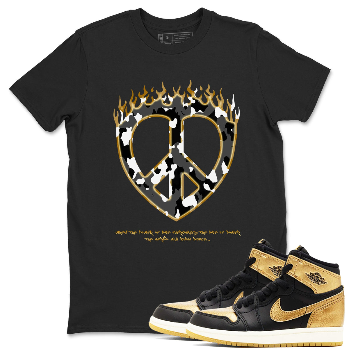 1s Black Metallic Gold shirts to match jordans Love Peace sneaker match tees Air Jordan 1 Black Metallic Gold Drip Gear Zone unisex cotton Black 1 crew neck shirts
