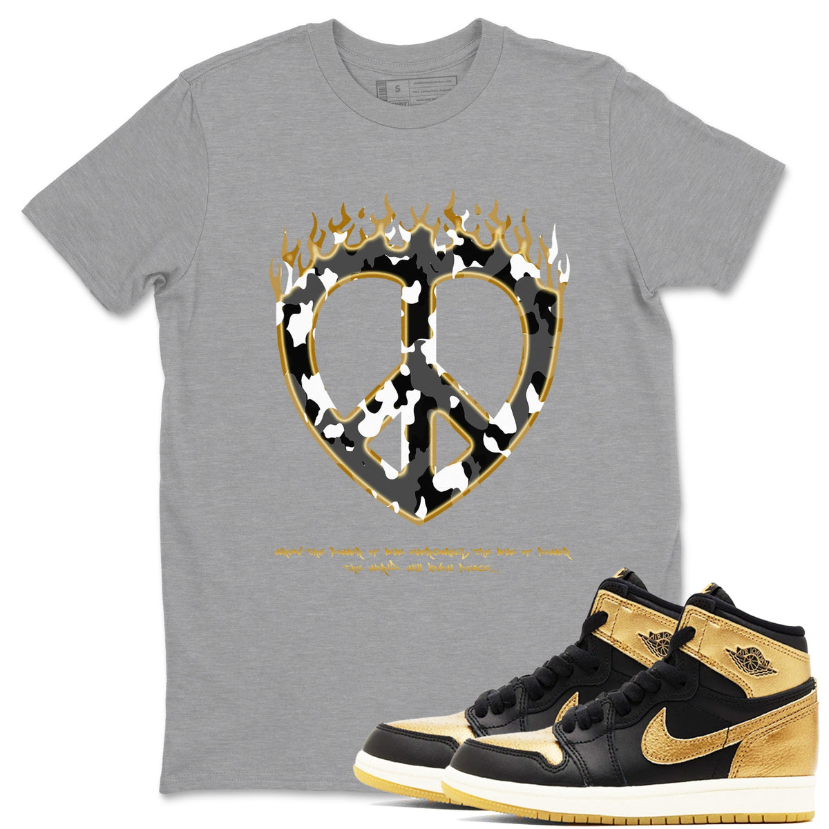 1s Black Metallic Gold shirts to match jordans Love Peace sneaker match tees Air Jordan 1 Black Metallic Gold Drip Gear Zone unisex cotton Heather Grey 1 crew neck shirts