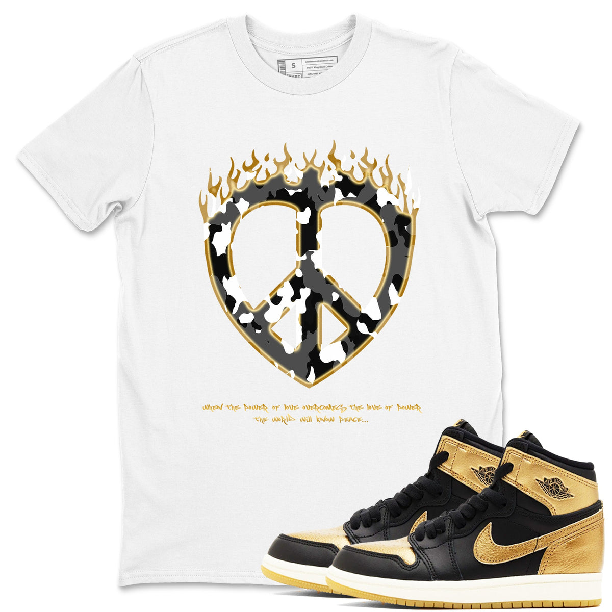 1s Black Metallic Gold shirts to match jordans Love Peace sneaker match tees Air Jordan 1 Black Metallic Gold Drip Gear Zone unisex cotton White 1 crew neck shirts