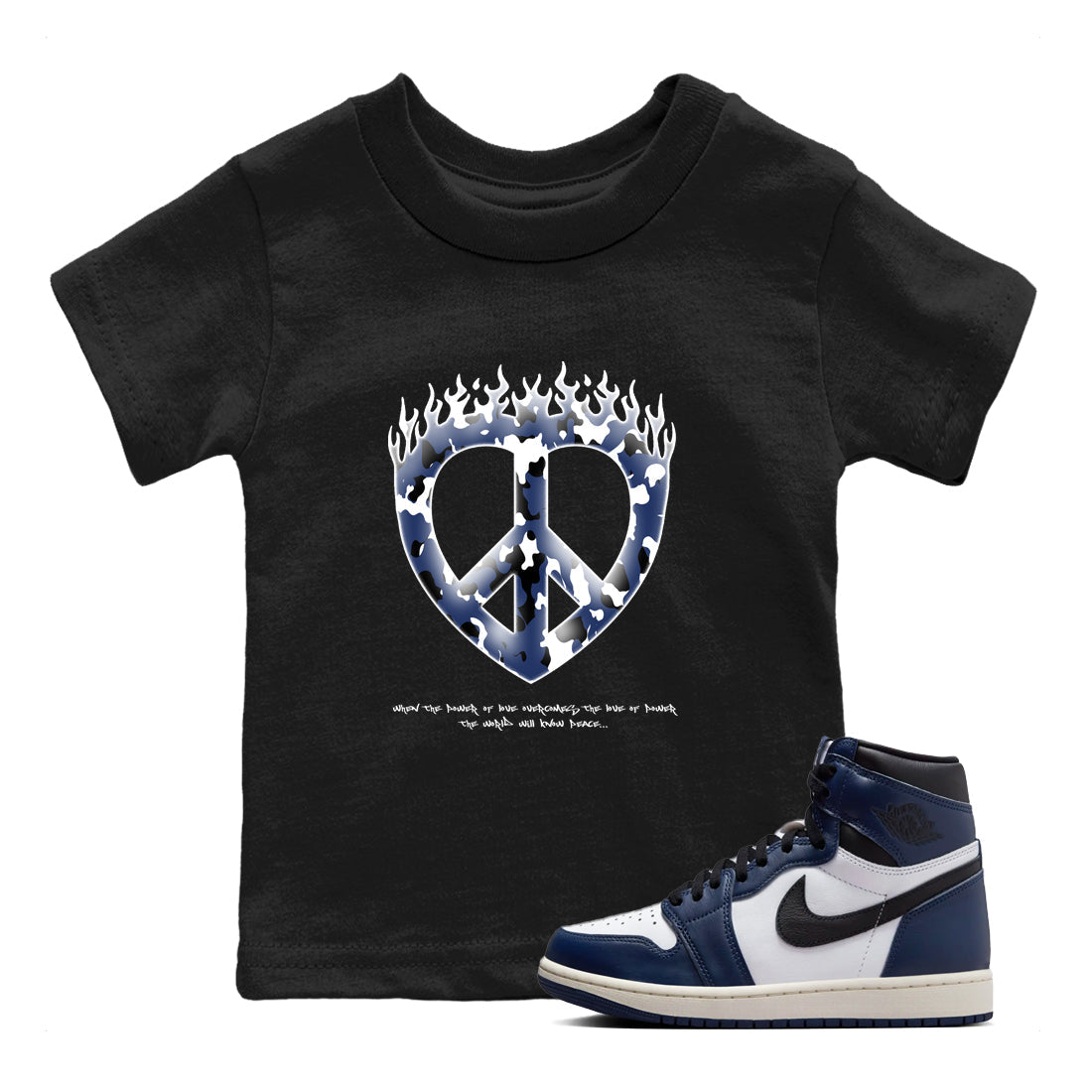 1s Midnight Navy shirts to match jordans Love Peace sneaker match tees Air Jordan 1 Midnight Navy match shoes to clothes Drip Gear Zone Youth Baby Black 1 tee