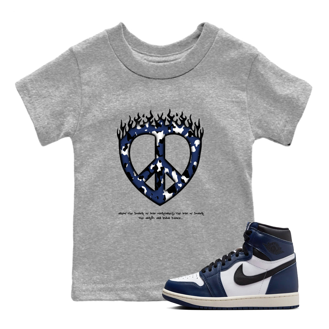 1s Midnight Navy shirts to match jordans Love Peace sneaker match tees Air Jordan 1 Midnight Navy match shoes to clothes Drip Gear Zone Youth Baby Heather Grey 1 tee