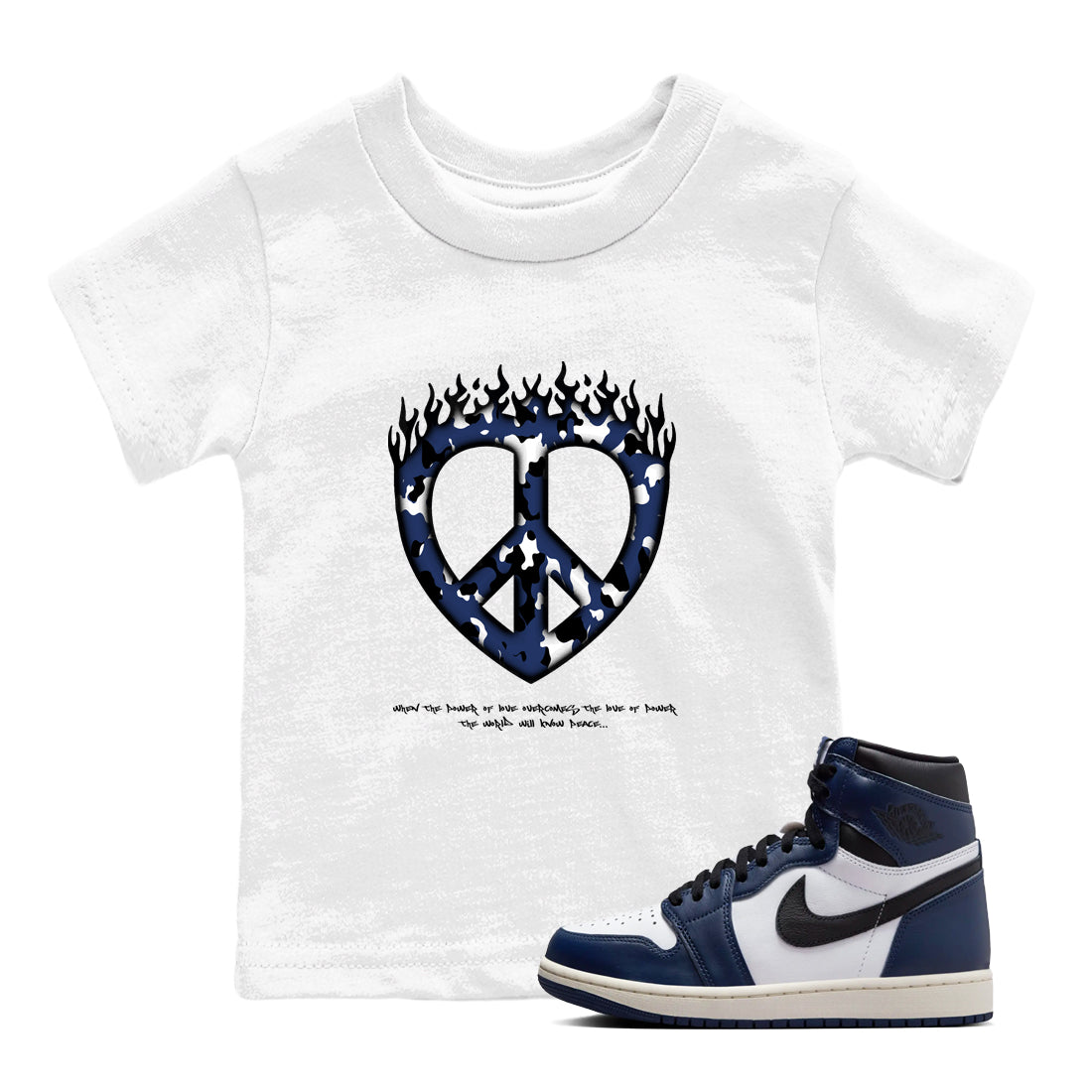 1s Midnight Navy shirts to match jordans Love Peace sneaker match tees Air Jordan 1 Midnight Navy match shoes to clothes Drip Gear Zone Youth Baby White 1 tee