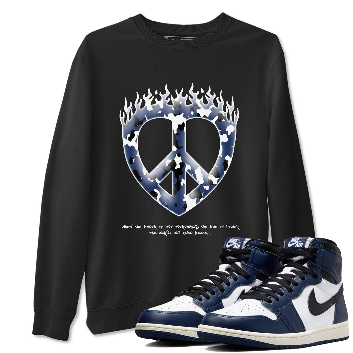 1s Midnight Navy shirts to match jordans Love Peace sneaker match tees Air Jordan 1 Midnight Navy match shoes to clothes Drip Gear Zone unisex cotton Black 1 shirts