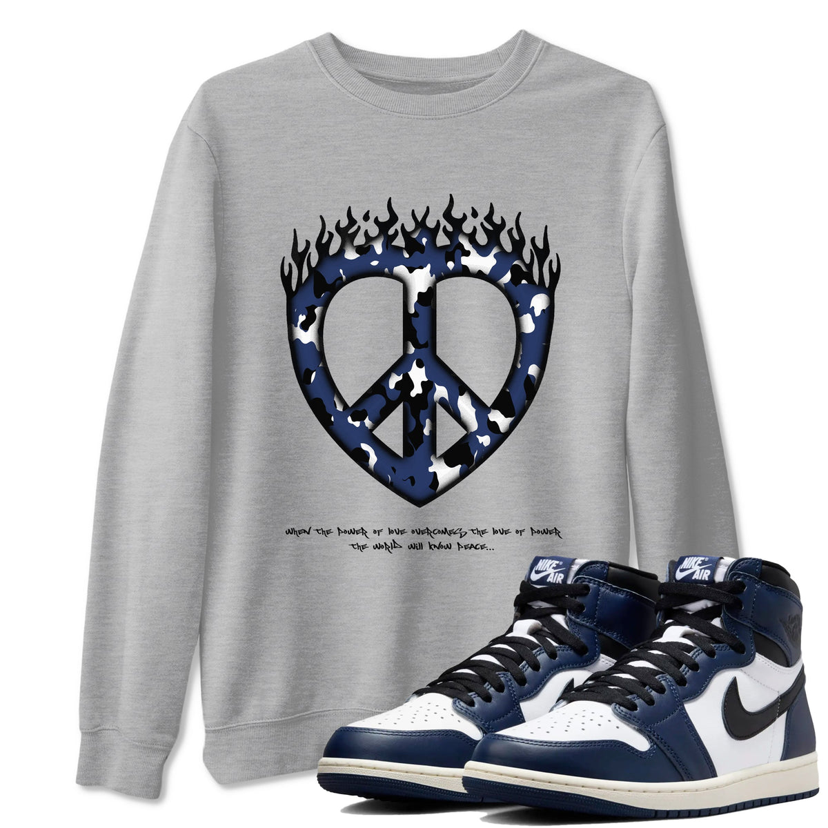 1s Midnight Navy shirts to match jordans Love Peace sneaker match tees Air Jordan 1 Midnight Navy match shoes to clothes Drip Gear Zone unisex cotton Heather Grey 1 shirts