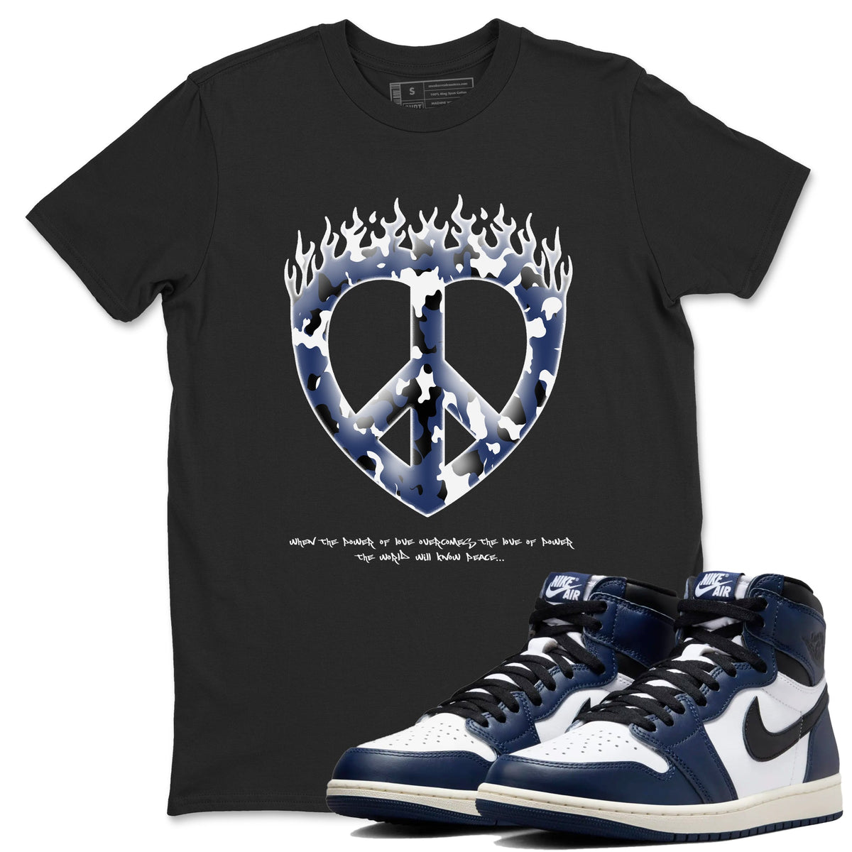 1s Midnight Navy shirts to match jordans Love Peace sneaker match tees Air Jordan 1 Midnight Navy match shoes to clothes Drip Gear Zone unisex cotton Black 1 shirts