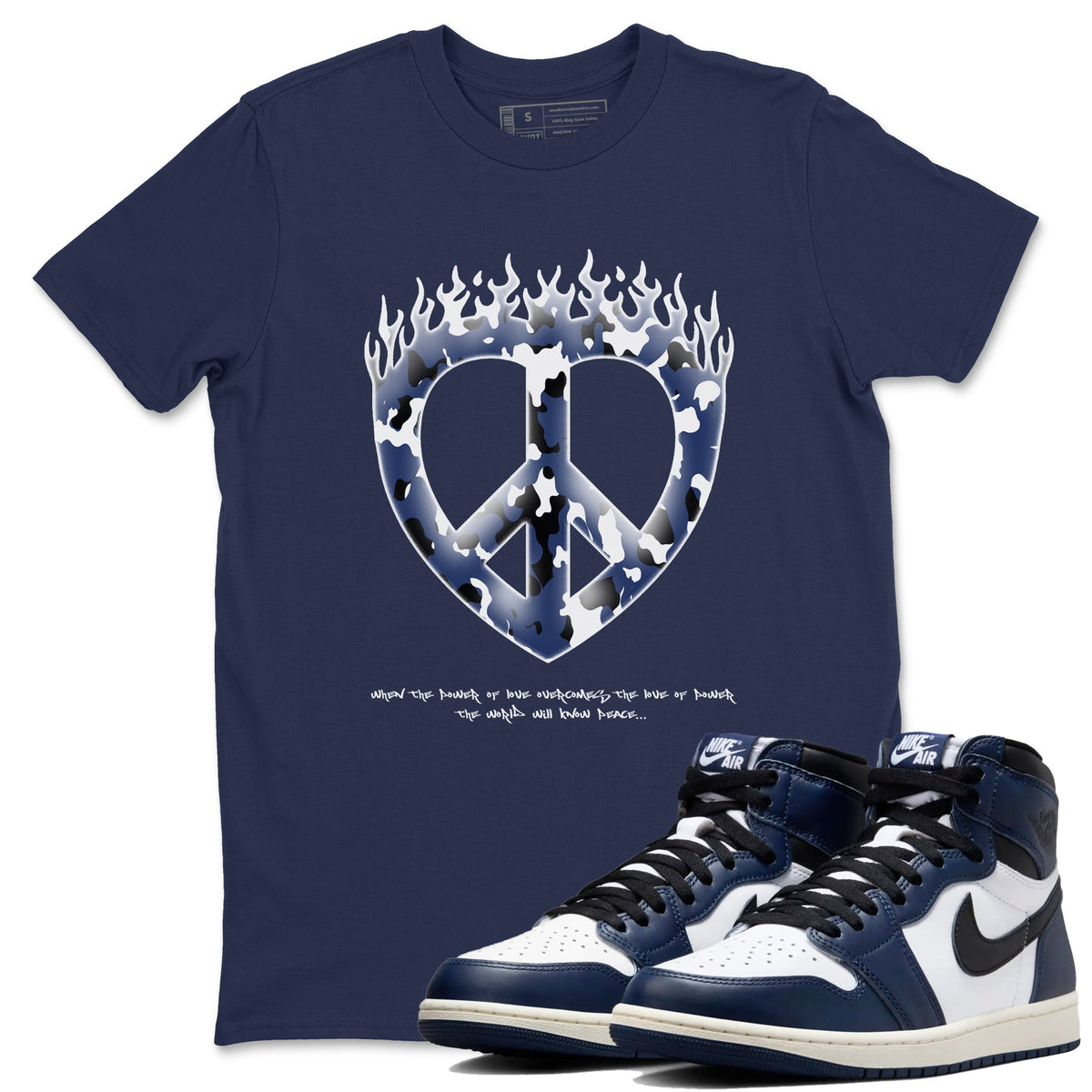 1s Midnight Navy shirts to match jordans Love Peace sneaker match tees Air Jordan 1 Midnight Navy match shoes to clothes Drip Gear Zone unisex cotton Navy 1 shirts