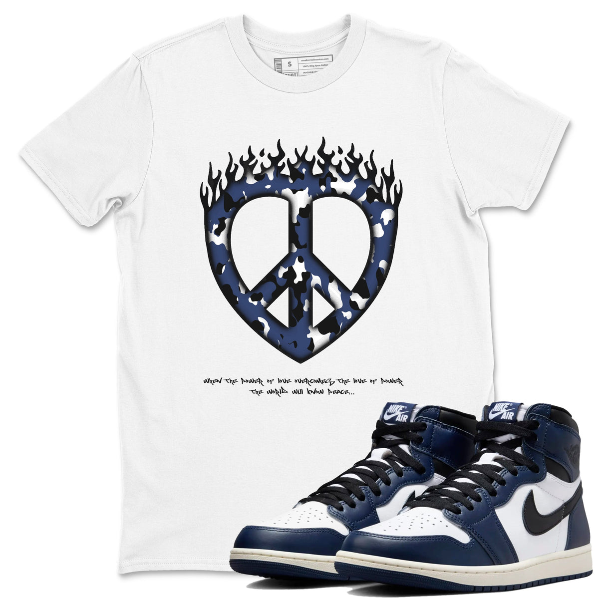 1s Midnight Navy shirts to match jordans Love Peace sneaker match tees Air Jordan 1 Midnight Navy match shoes to clothes Drip Gear Zone unisex cotton White 1 shirts