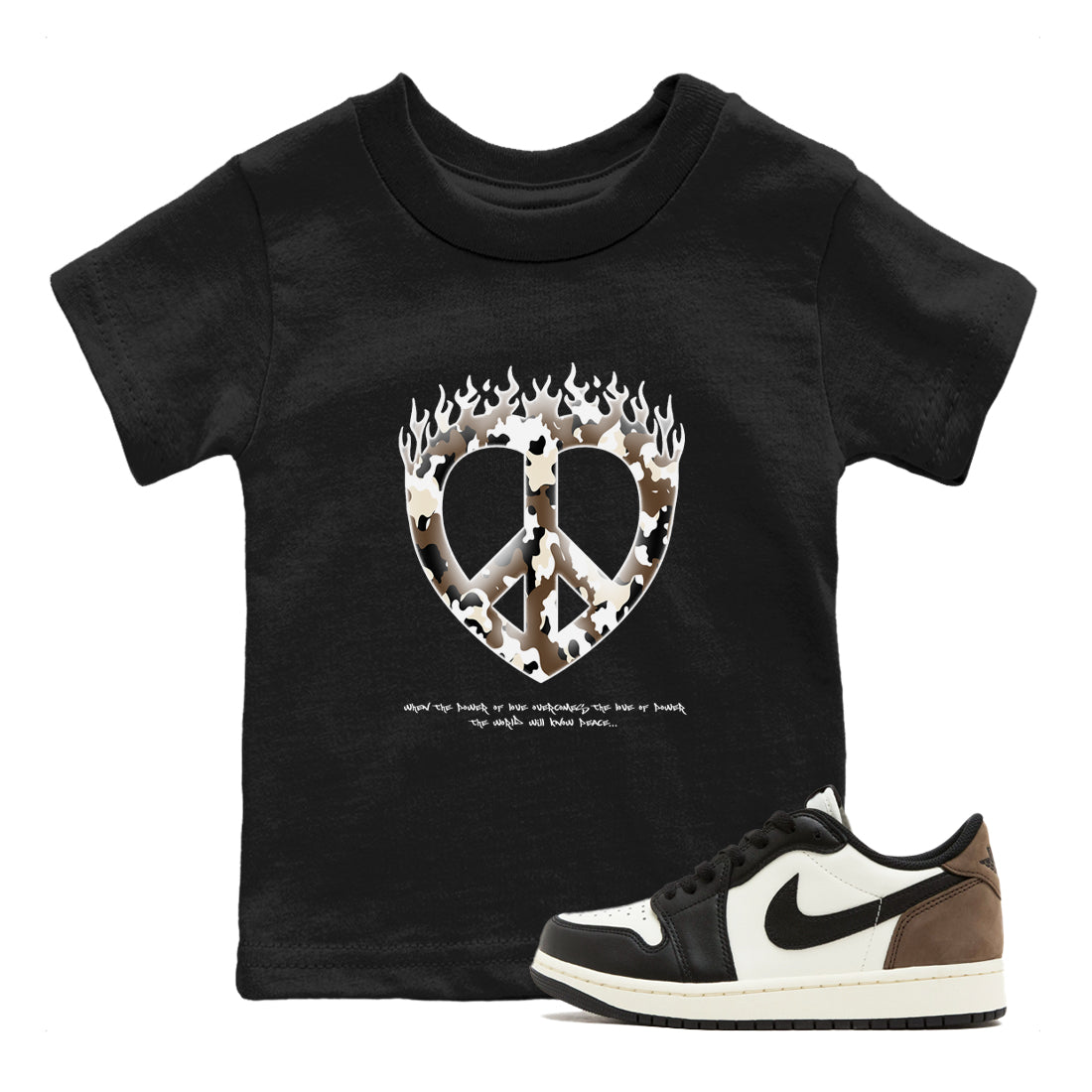 1s Low OG Mocha shirts to match jordans Love Peace sneaker match tees Air Jordan 1 Mocha match shoes to clothes Drip Gear Zone Youth Baby Black 1 tee