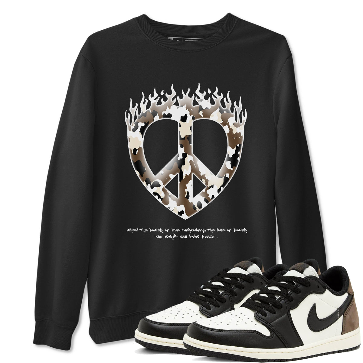 1s Low OG Mocha shirts to match jordans Love Peace sneaker match tees Air Jordan 1 Mocha match shoes to clothes Drip Gear Zone unisex cotton Black 1 shirts