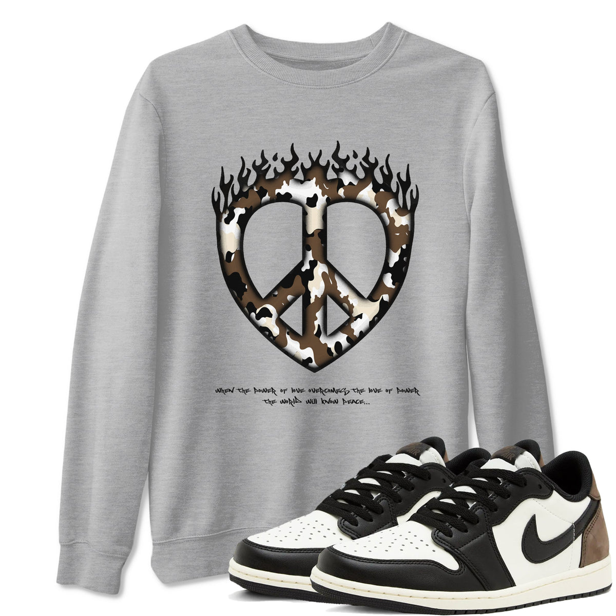 1s Low OG Mocha shirts to match jordans Love Peace sneaker match tees Air Jordan 1 Mocha match shoes to clothes Drip Gear Zone unisex cotton Heather Grey 1 shirts