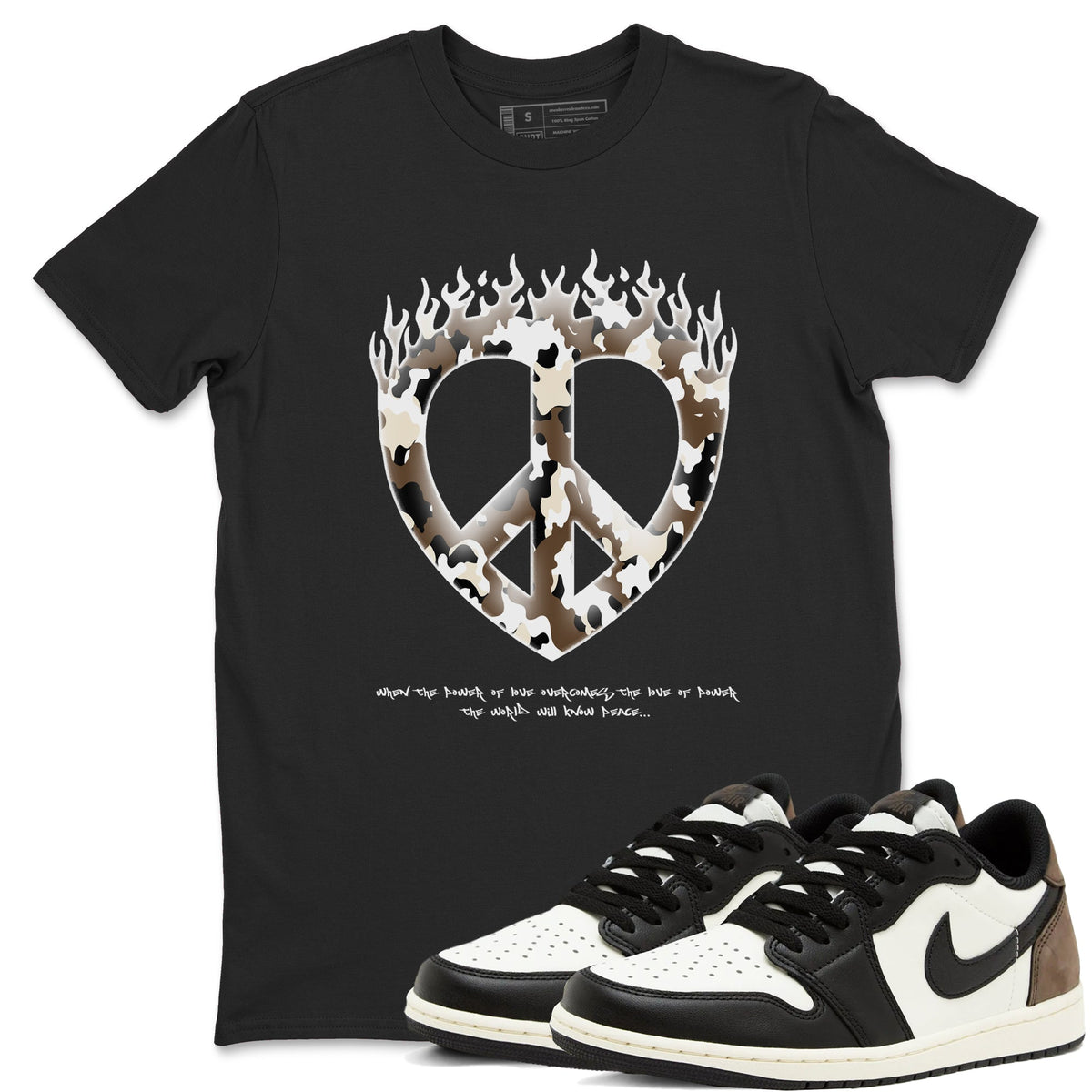 1s Low OG Mocha shirts to match jordans Love Peace sneaker match tees Air Jordan 1 Mocha match shoes to clothes Drip Gear Zone unisex cotton Black 1 shirts