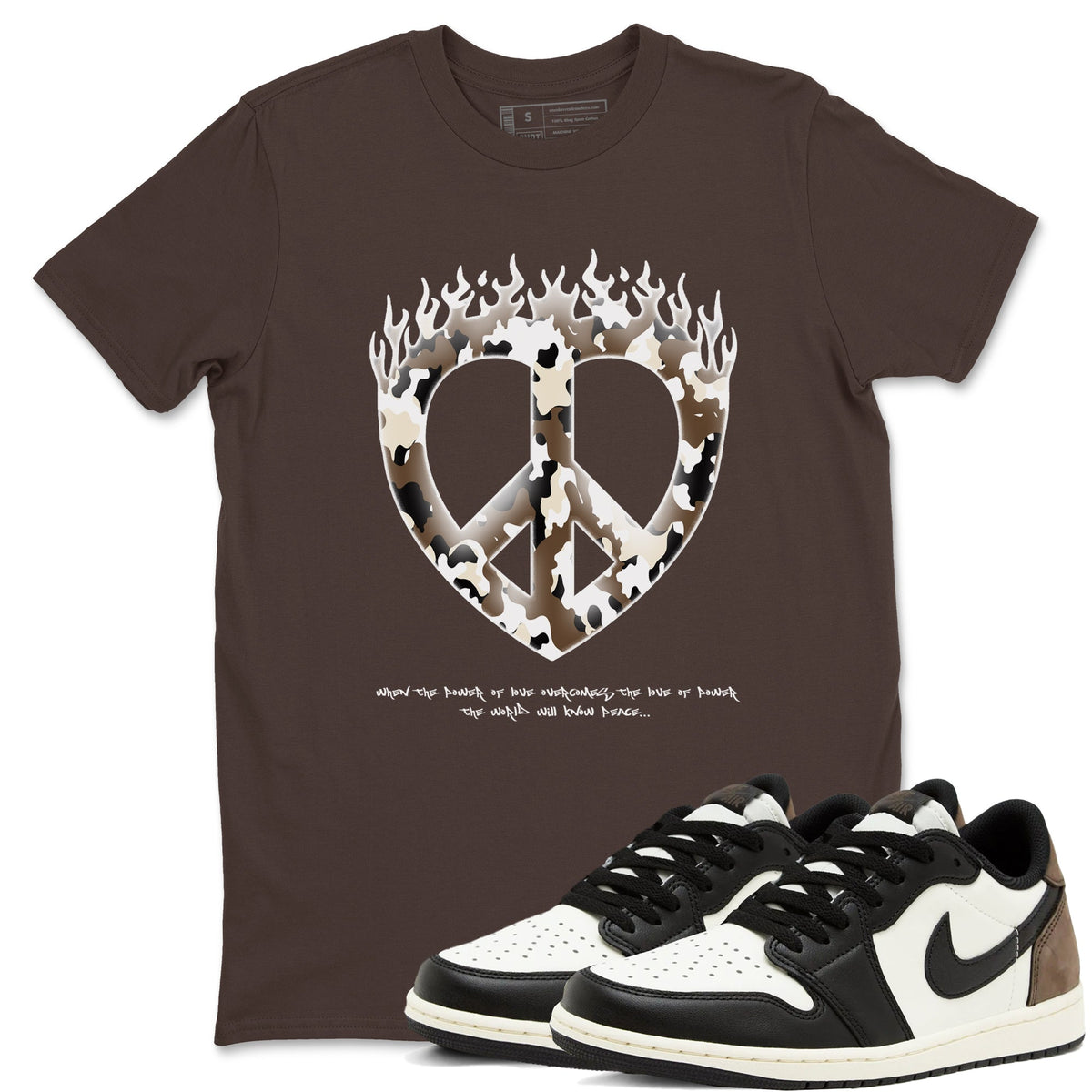1s Low OG Mocha shirts to match jordans Love Peace sneaker match tees Air Jordan 1 Mocha match shoes to clothes Drip Gear Zone unisex cotton Dark Chocolate 1 shirts