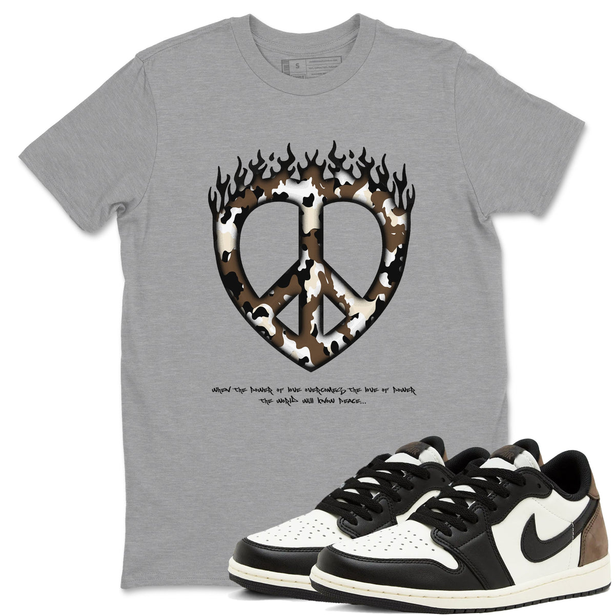 1s Low OG Mocha shirts to match jordans Love Peace sneaker match tees Air Jordan 1 Mocha match shoes to clothes Drip Gear Zone unisex cotton Heather Grey 1 shirts