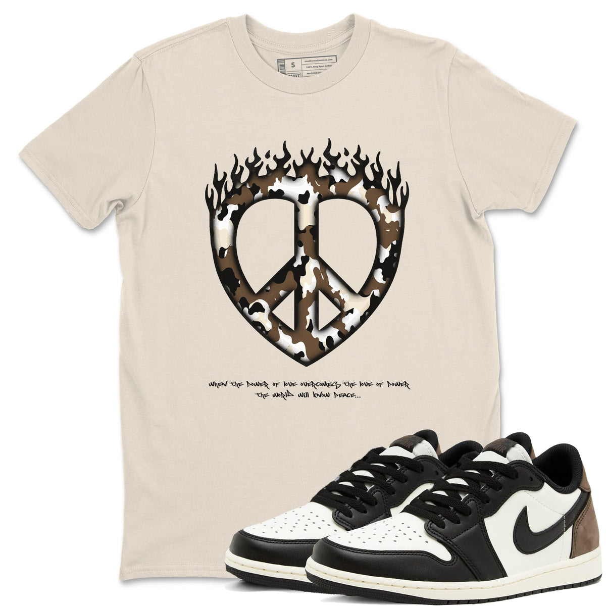 1s Low OG Mocha shirts to match jordans Love Peace sneaker match tees Air Jordan 1 Mocha match shoes to clothes Drip Gear Zone unisex cotton Natural 1 shirts