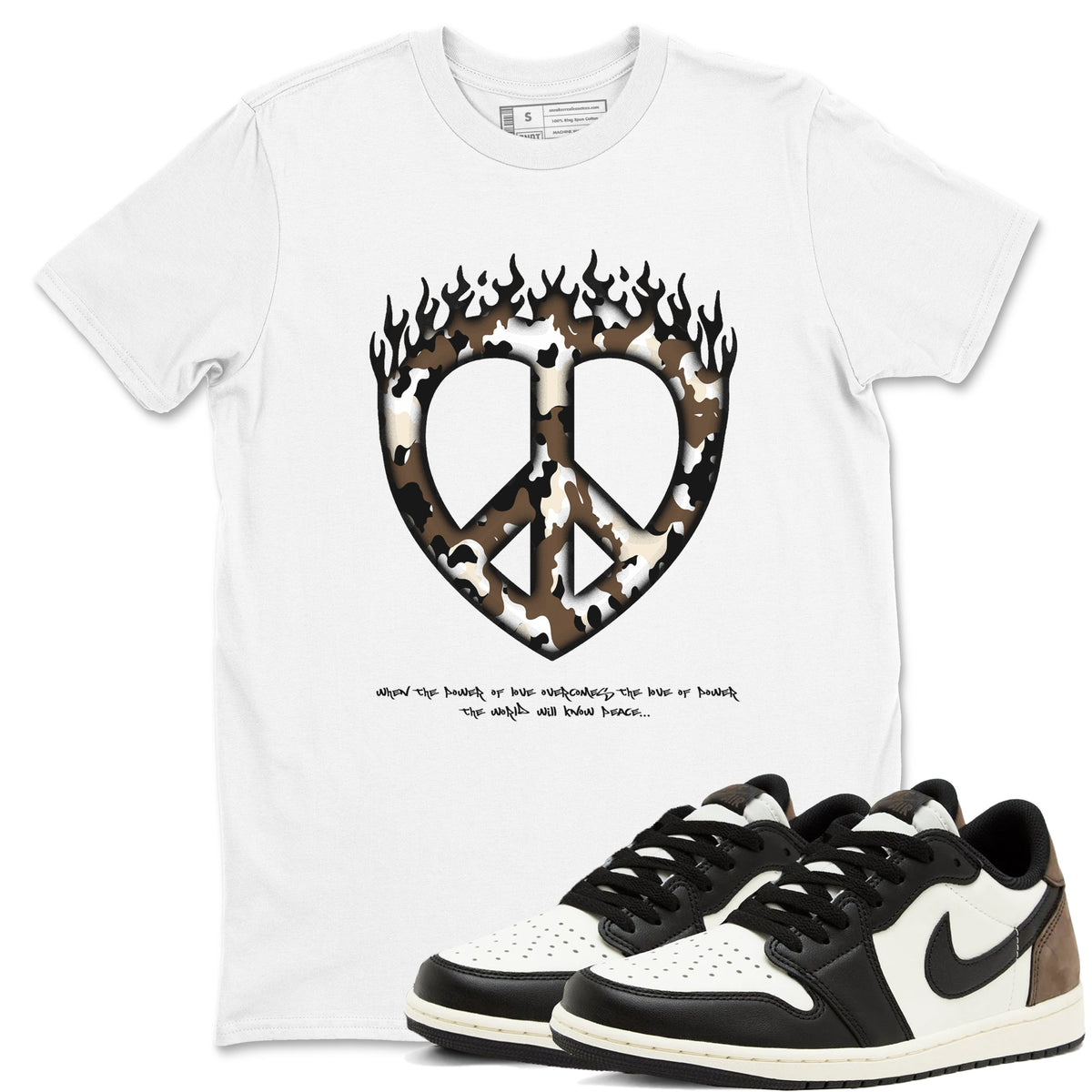 1s Low OG Mocha shirts to match jordans Love Peace sneaker match tees Air Jordan 1 Mocha match shoes to clothes Drip Gear Zone unisex cotton White 1 shirts