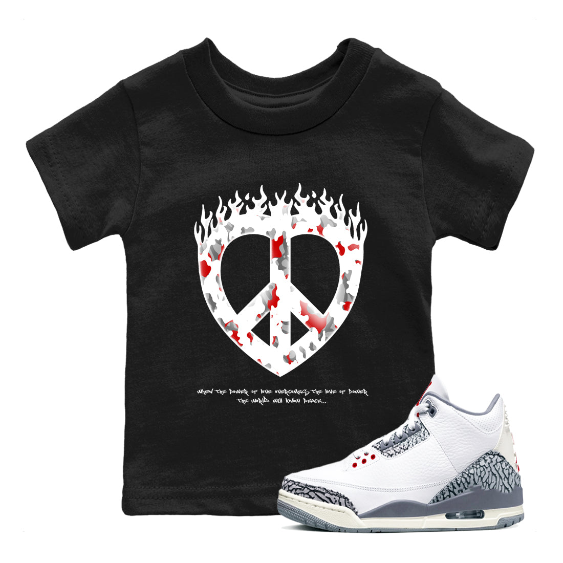 3s Cement Grey shirts to match jordans Love Peace sneaker match tees Air Jordan 3 Cement Grey Drip Gear Zone Youth Baby Black 1 crew neck shirts