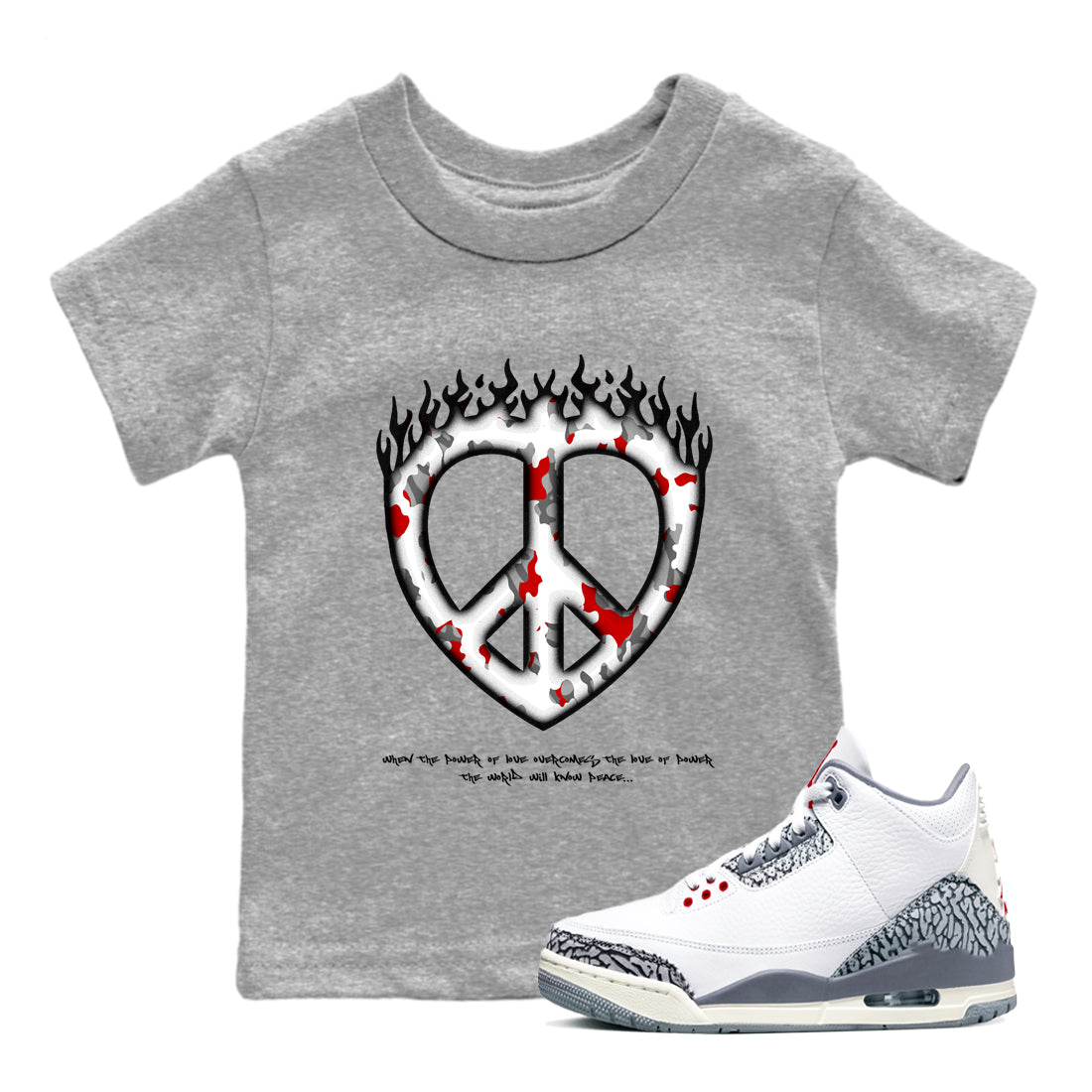 3s Cement Grey shirts to match jordans Love Peace sneaker match tees Air Jordan 3 Cement Grey Drip Gear Zone Youth Baby Heather Grey 1 crew neck shirts