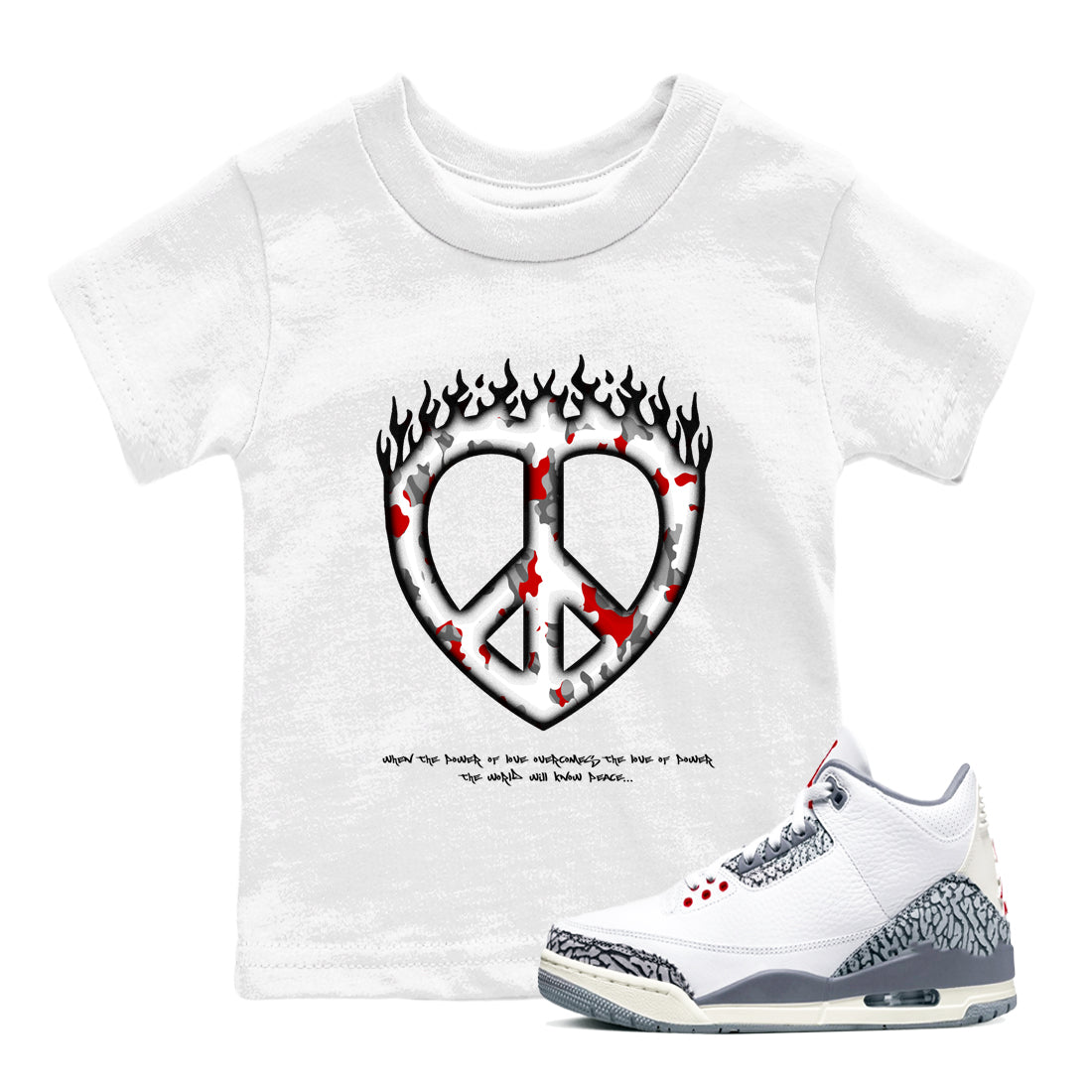 3s Cement Grey shirts to match jordans Love Peace sneaker match tees Air Jordan 3 Cement Grey Drip Gear Zone Youth Baby White 1 crew neck shirts