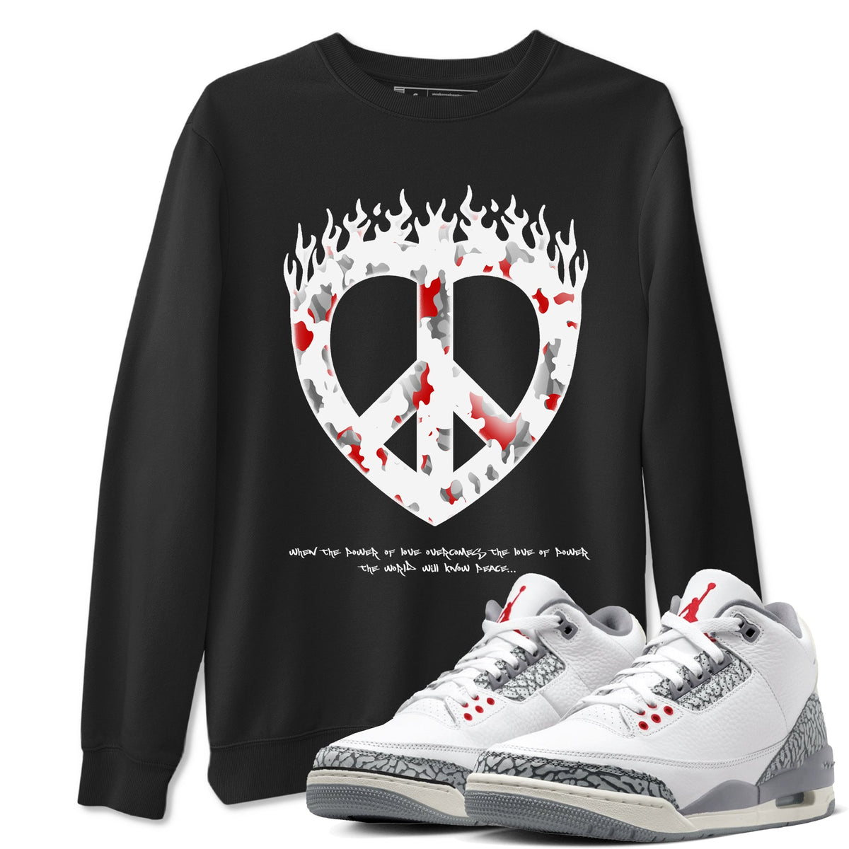 3s Cement Grey shirts to match jordans Love Peace sneaker match tees Air Jordan 3 Cement Grey Drip Gear Zone unisex cotton Black 1 crew neck shirts