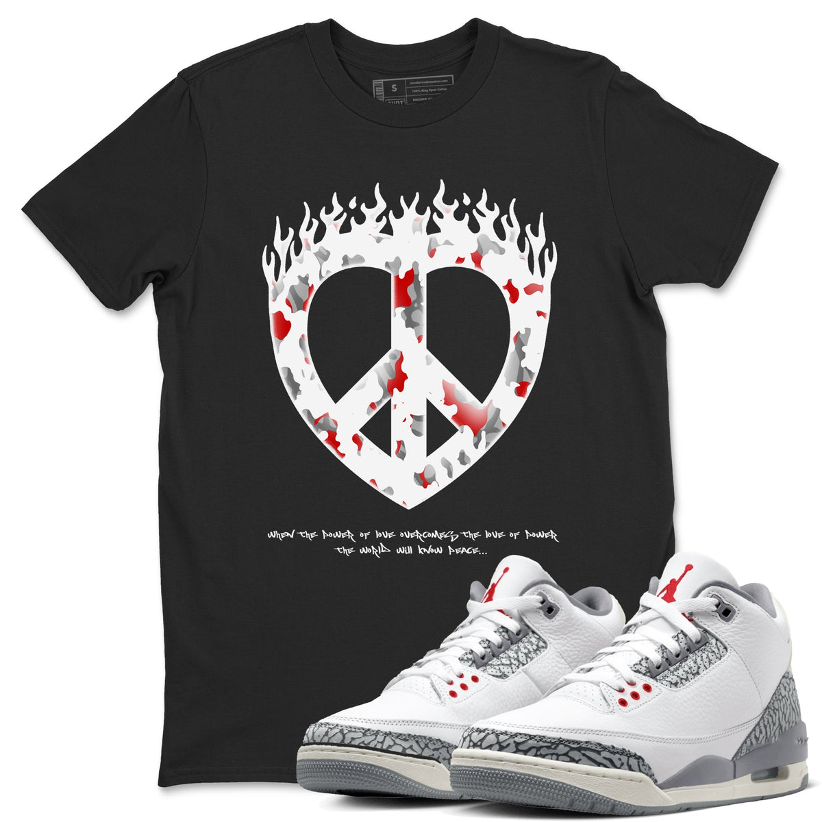 3s Cement Grey shirts to match jordans Love Peace sneaker match tees Air Jordan 3 Cement Grey Drip Gear Zone unisex cotton Black 1 crew neck shirts