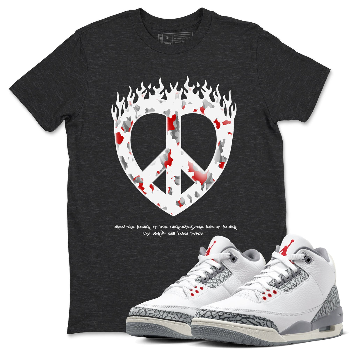 3s Cement Grey shirts to match jordans Love Peace sneaker match tees Air Jordan 3 Cement Grey Drip Gear Zone unisex cotton Charcoal Heather 1 crew neck shirts