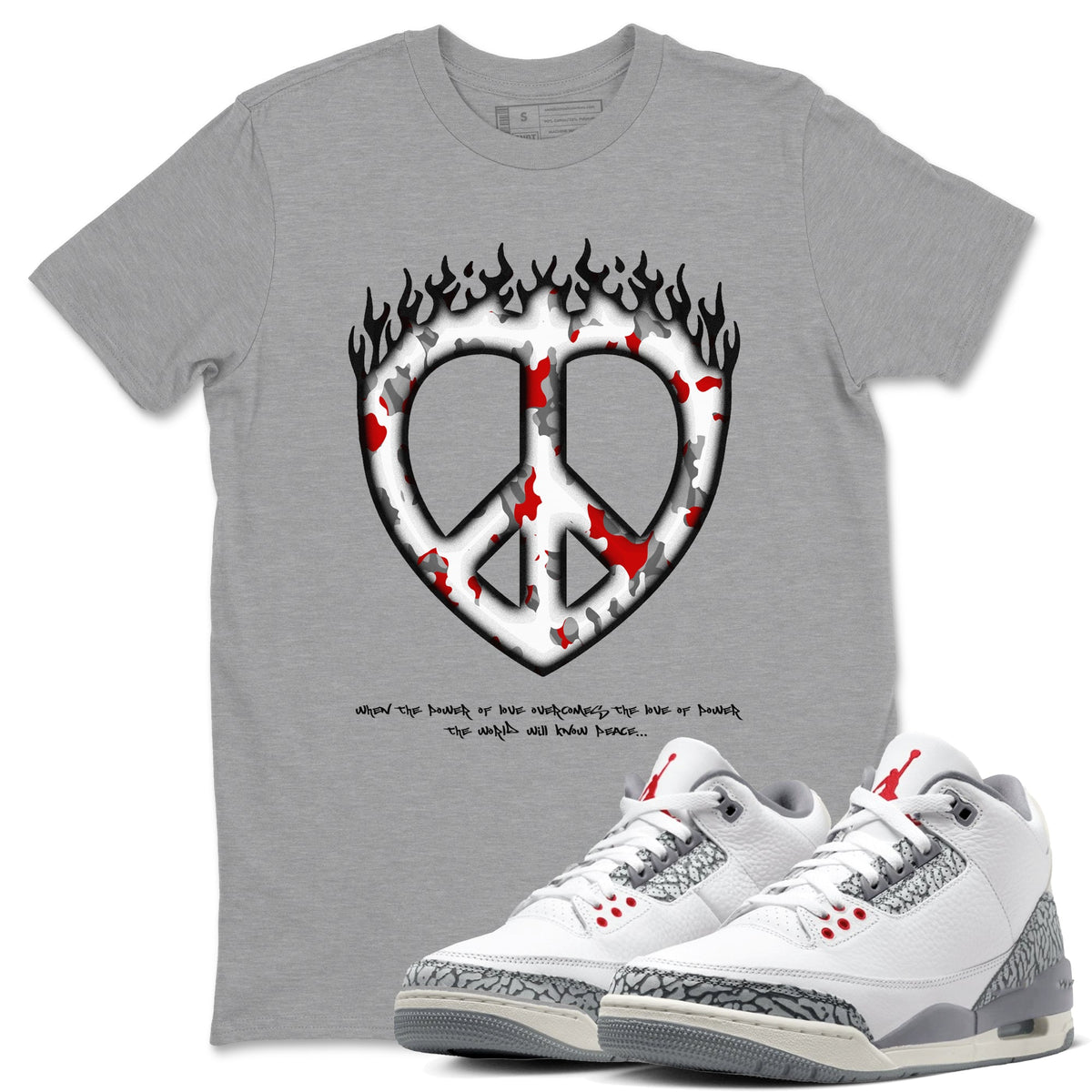 3s Cement Grey shirts to match jordans Love Peace sneaker match tees Air Jordan 3 Cement Grey Drip Gear Zone unisex cotton Heather Grey 1 crew neck shirts