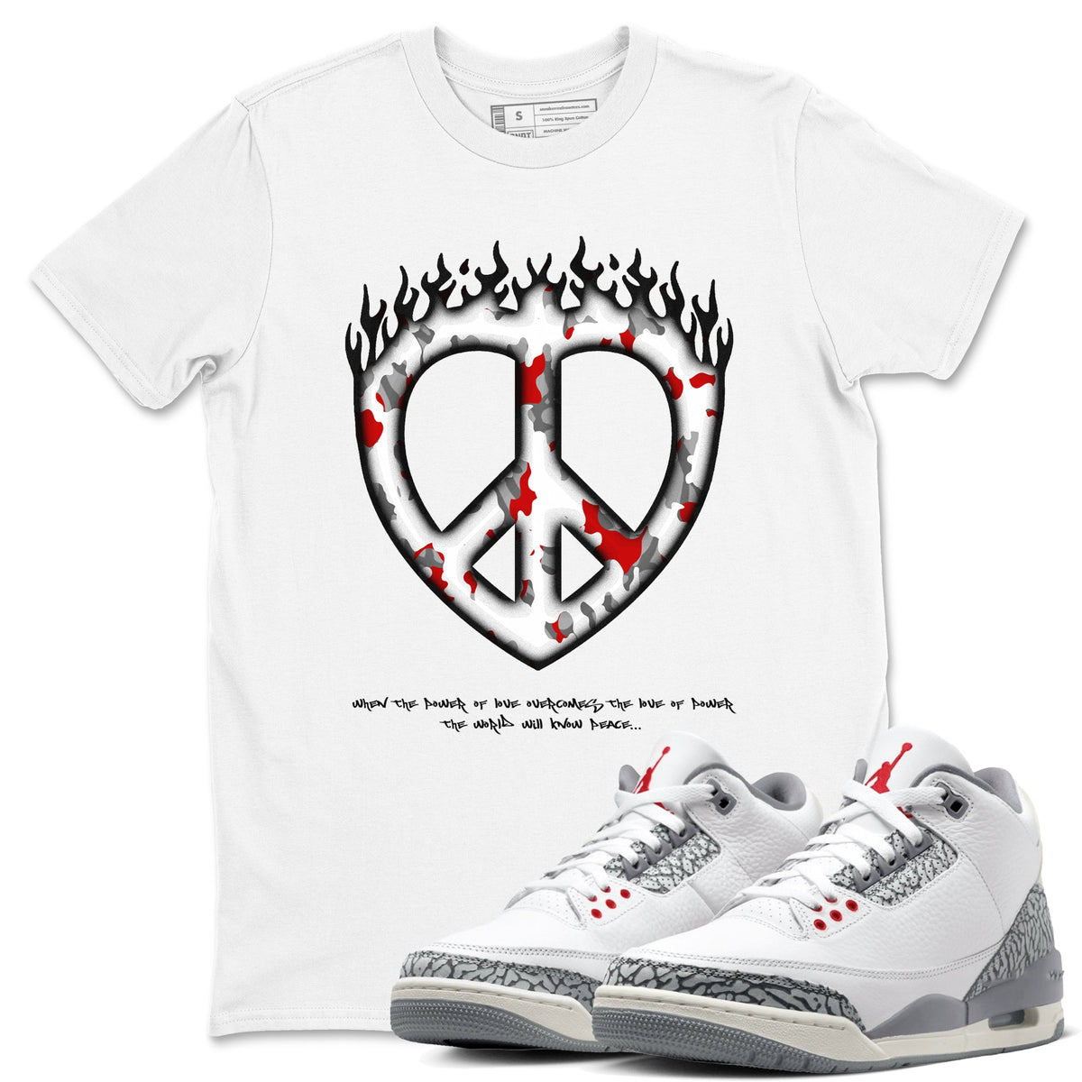 3s Cement Grey shirts to match jordans Love Peace sneaker match tees Air Jordan 3 Cement Grey Drip Gear Zone unisex cotton White 1 crew neck shirts