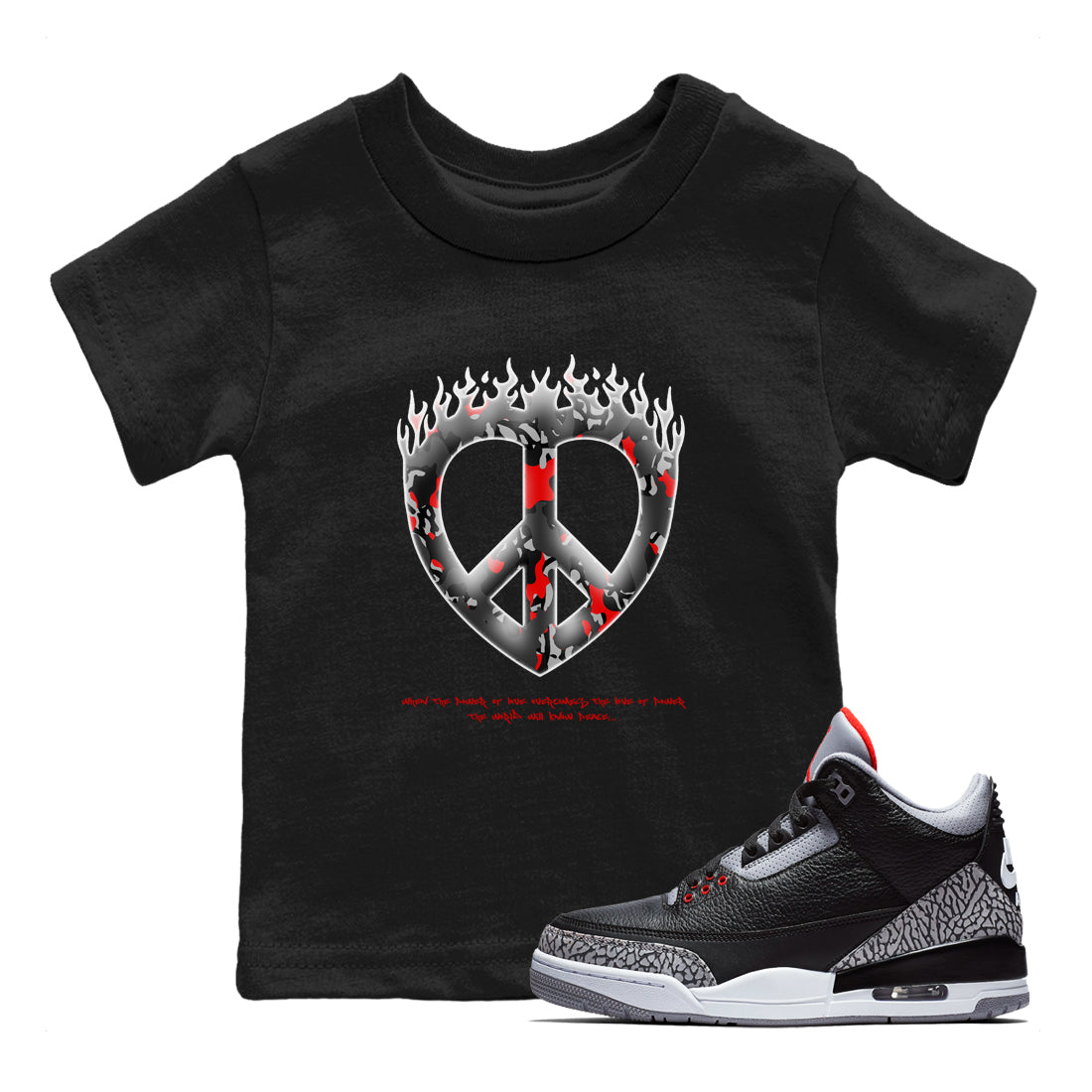 4s Black Cement shirts to match jordans Love Peace sneaker match tees Air Jordan 4 Black Cement match shoes to clothes Drip Gear Zone Youth Baby Black 1 tee
