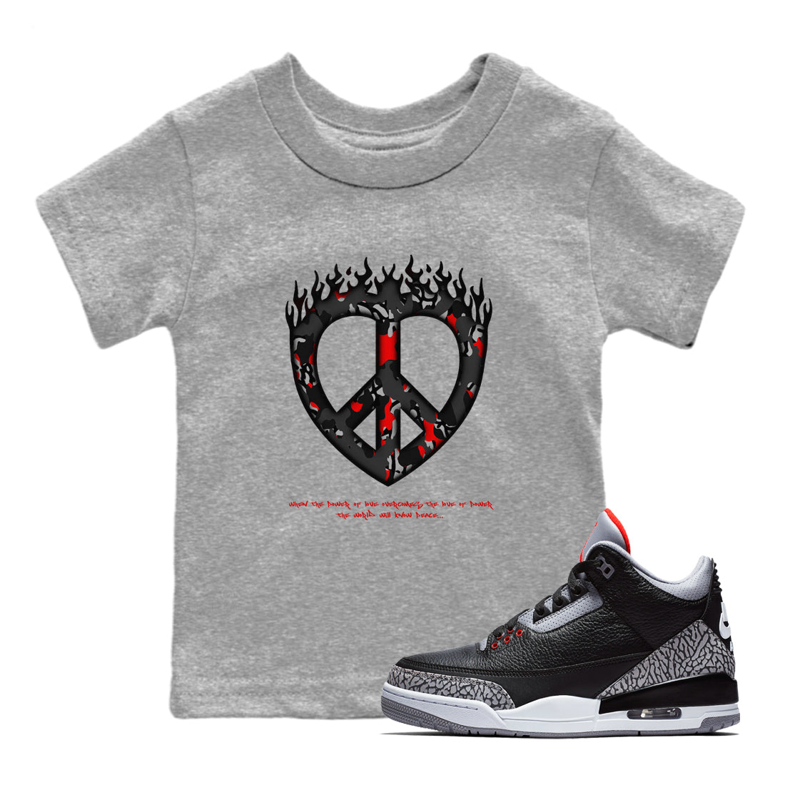 4s Black Cement shirts to match jordans Love Peace sneaker match tees Air Jordan 4 Black Cement match shoes to clothes Drip Gear Zone Youth Baby Heather Grey 1 tee